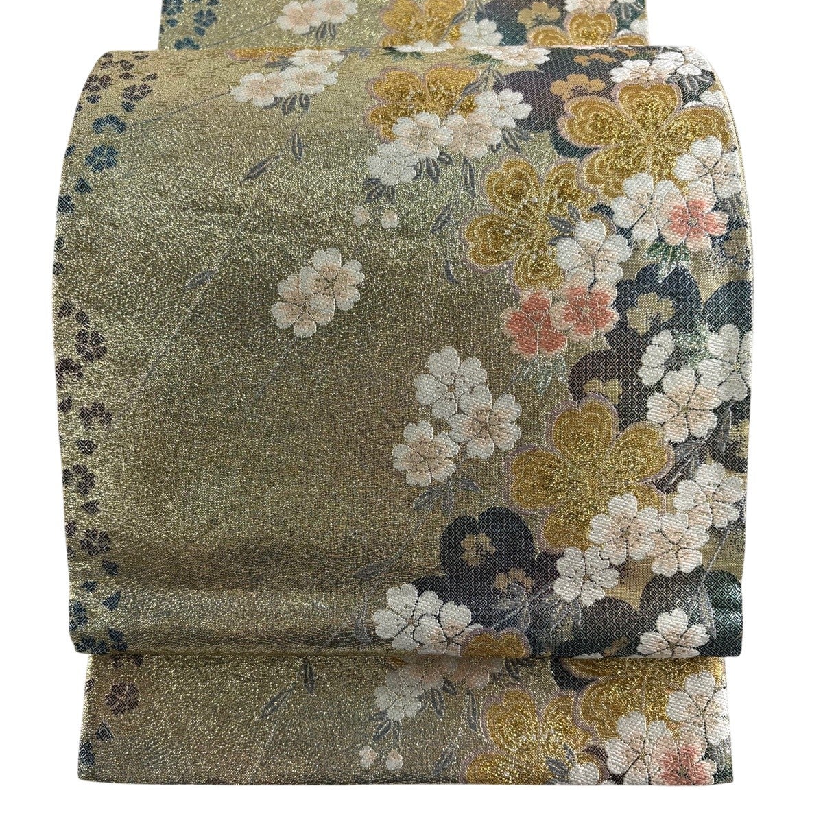 美品】 袋帯 名品 華文 菊 金糸 箔 茶紫 六通 正絹｜中古・古着