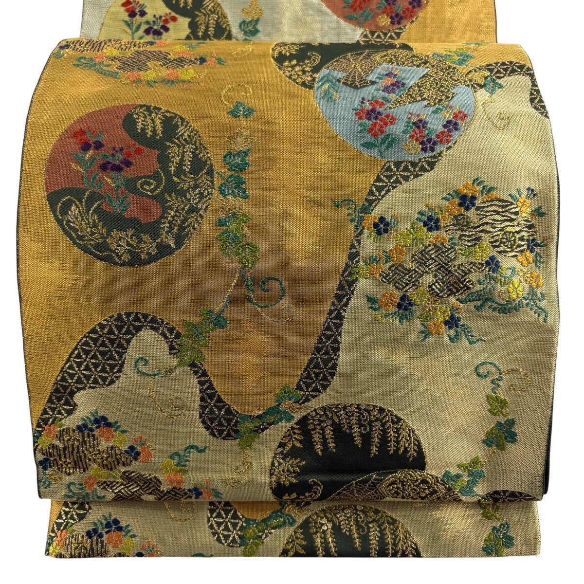 美品】 袋帯 名品 桜 波 箔 金銀糸 ベージュ 六通 正絹｜中古・古着
