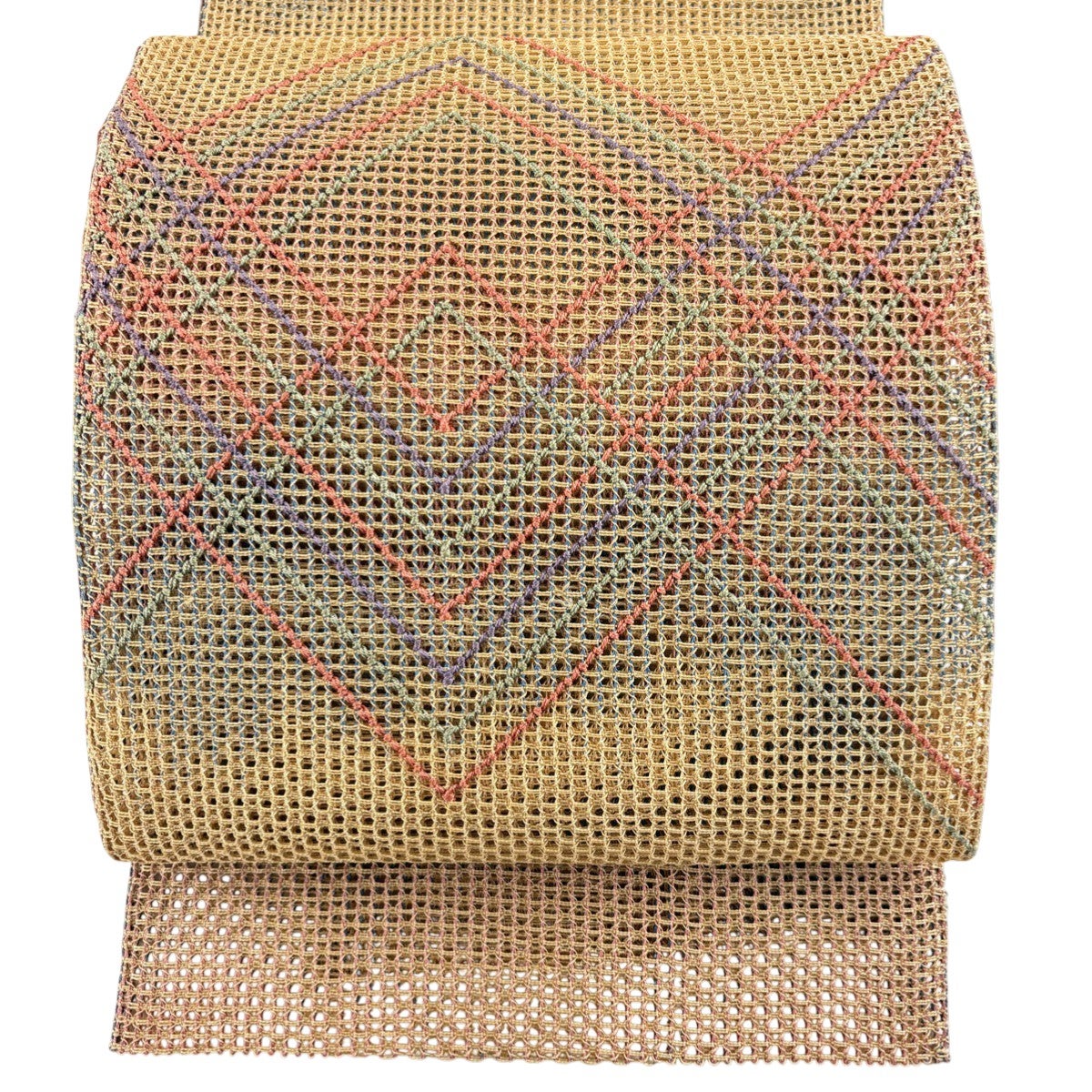 美品】 名古屋帯 秀品 八寸名古屋帯 松葉仕立て 草花 幾何学模様 茶色