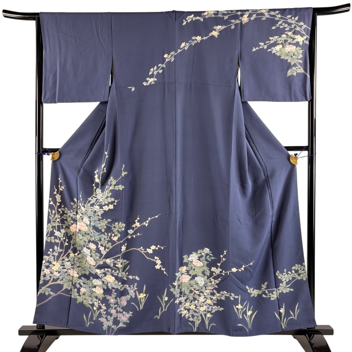 訪問着 身丈158cm 裄丈64.5cm M 袷 牡丹 枝梅 青紫 正絹 秀品｜中古
