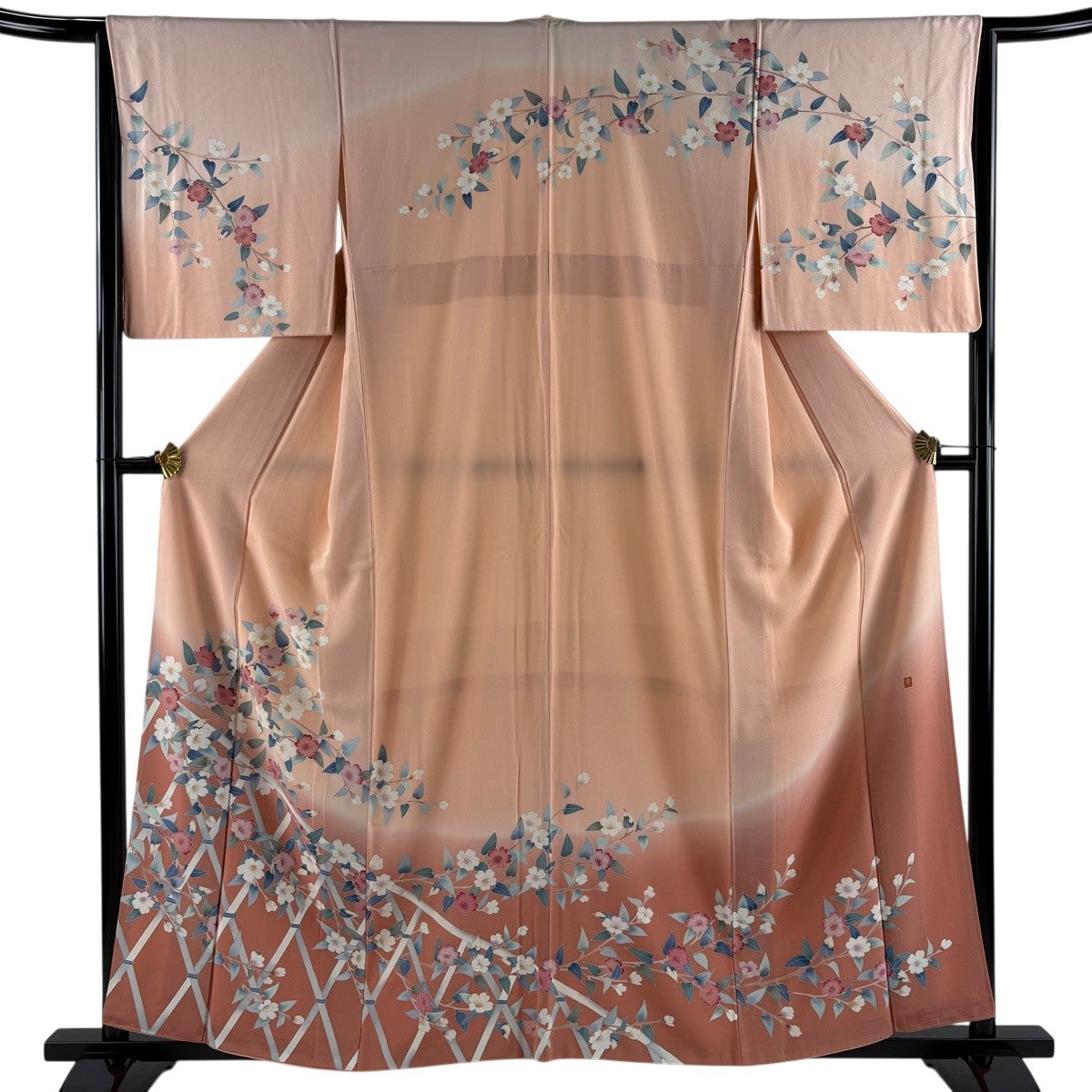 訪問着 身丈167.5cm 裄丈66cm M 袷 草野一騎 落款あり 枝花 金彩