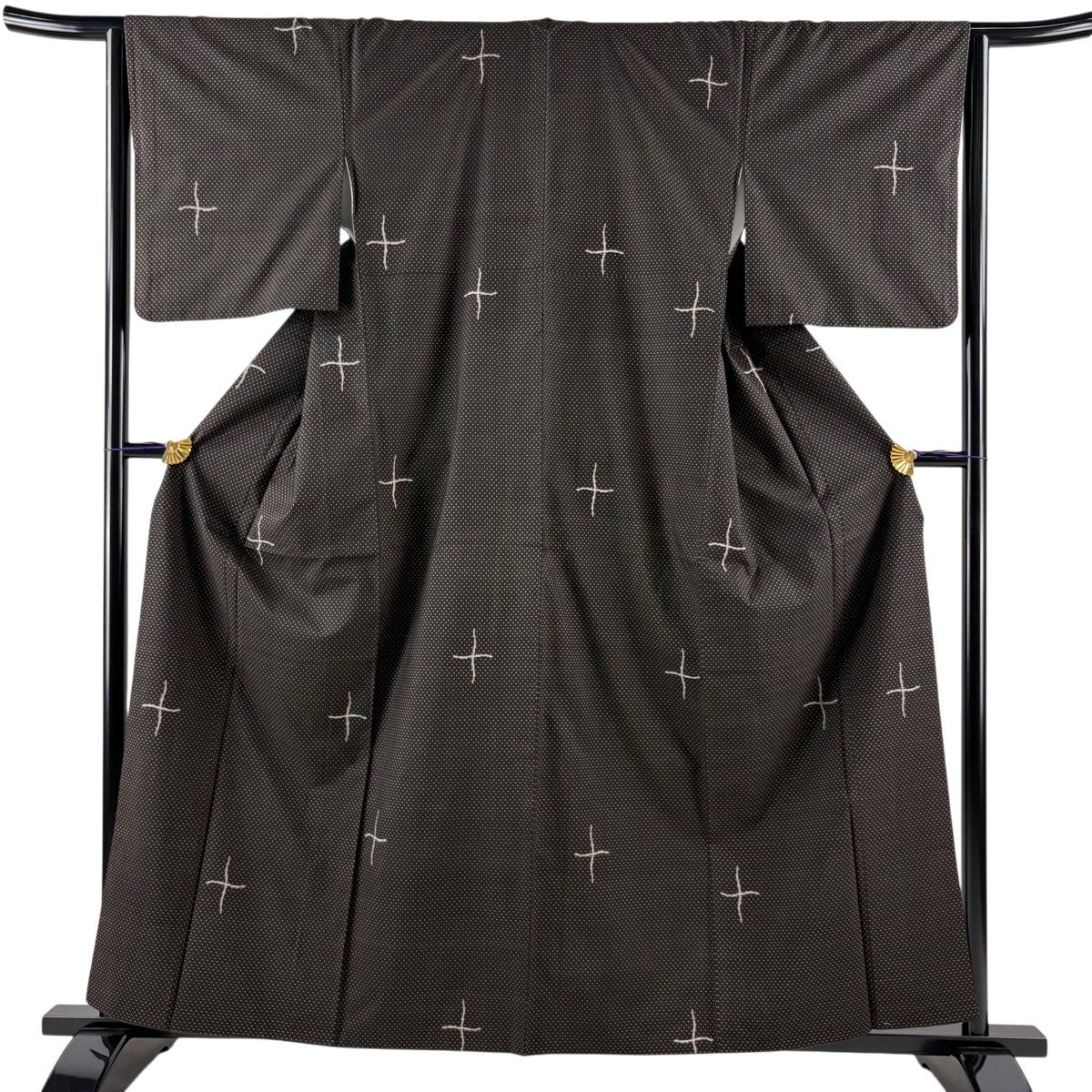 紬 身丈159.5cm 裄丈64cm M 袷 幾何学 絣柄 焦茶色 正絹 秀品｜中古