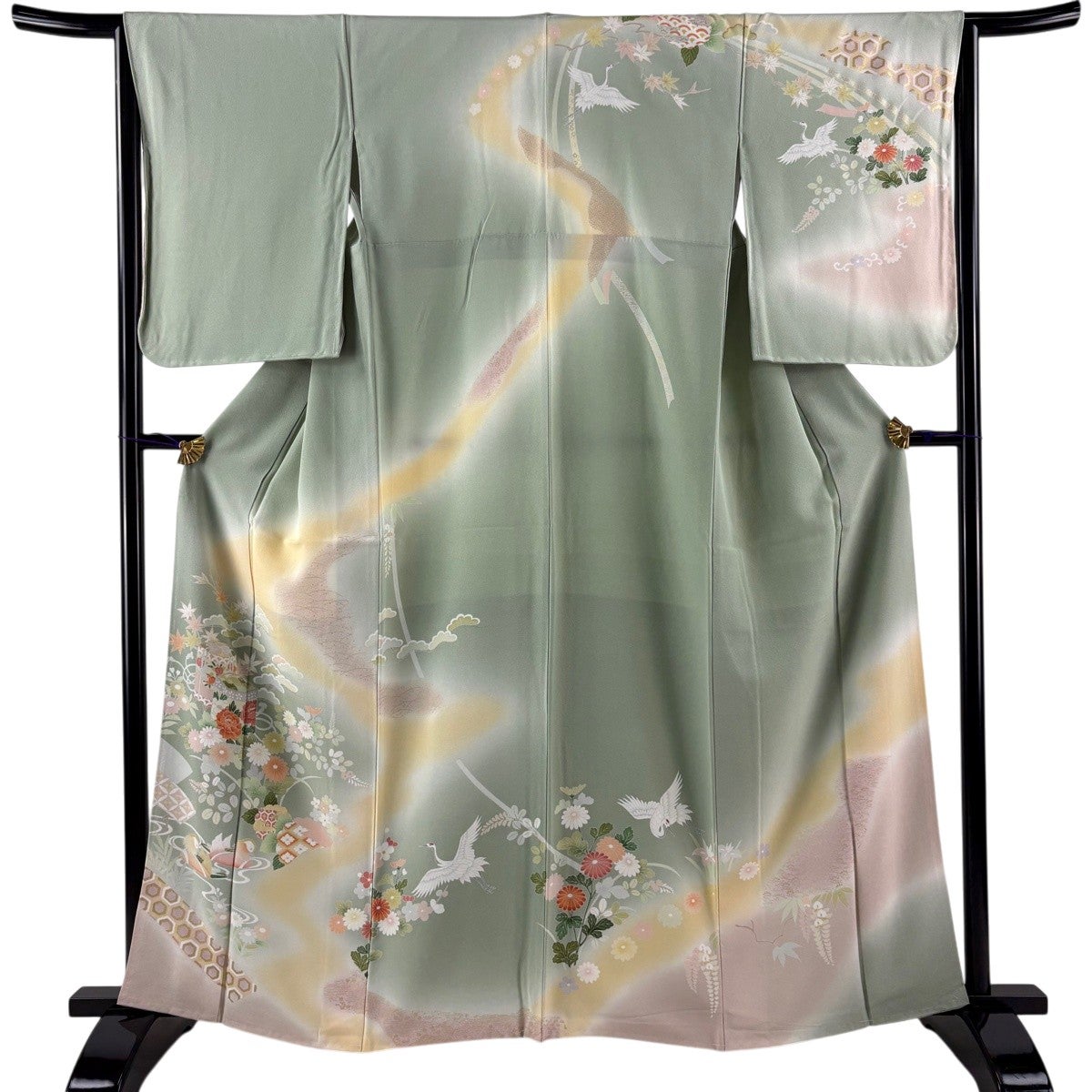 美品】 訪問着 身丈162.5cm 裄丈65cm M 袷 貝桶 花鳥 金彩 ぼかし 薄緑