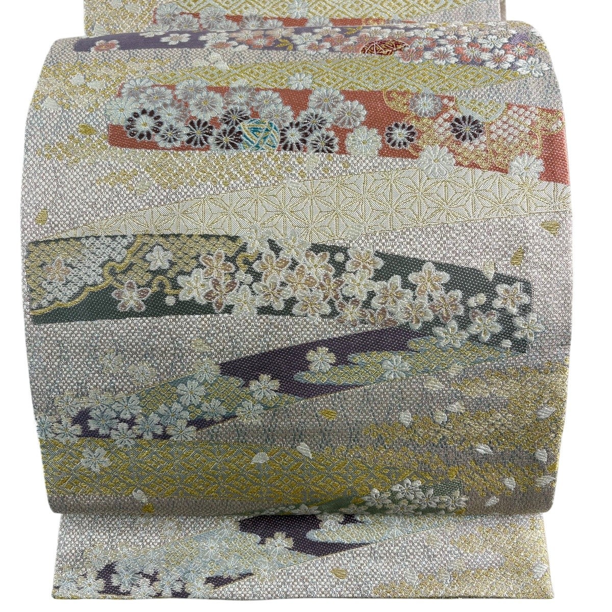 美品】 袋帯 秀品 やまと 桜 菊 金糸 箔 薄ピンク 六通 正絹｜中古