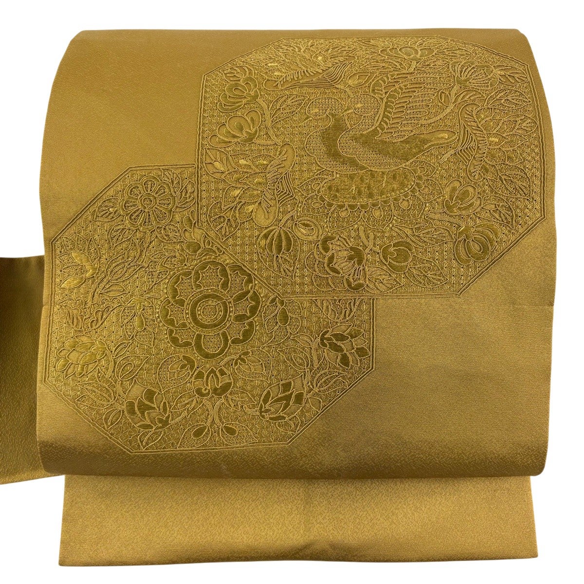 美品】 名古屋帯 秀品 鳥 草花 刺繍 黄土色 正絹｜中古・古着