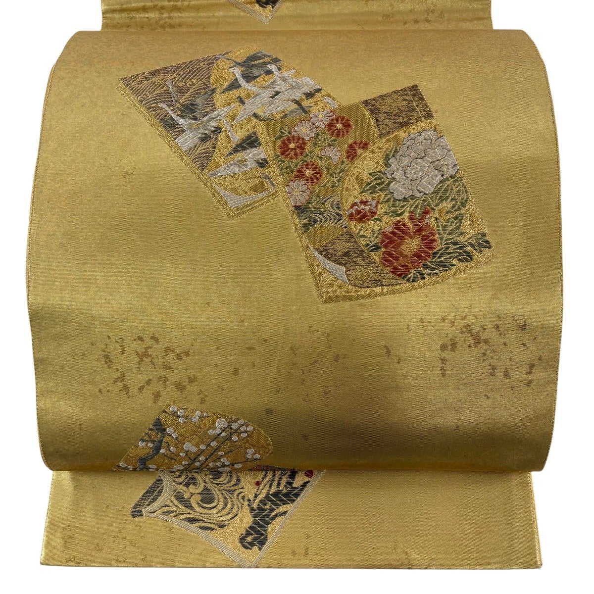 美品】 袋帯 秀品 冊子 花鳥 金糸 箔 金色 六通 正絹｜中古・古着