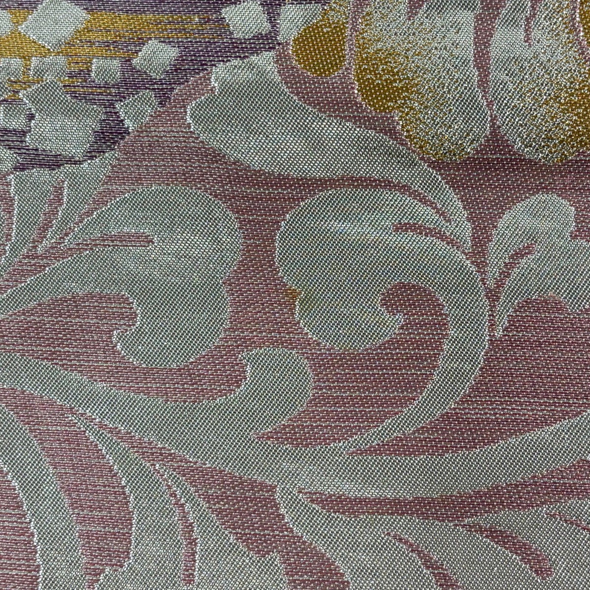 川島織物 正絹 袋帯 草花 宝尽し 落款 名古屋帯 秀品 川島織物 落款あり 草花 七宝 金銀糸 箔 薄小豆 正絹