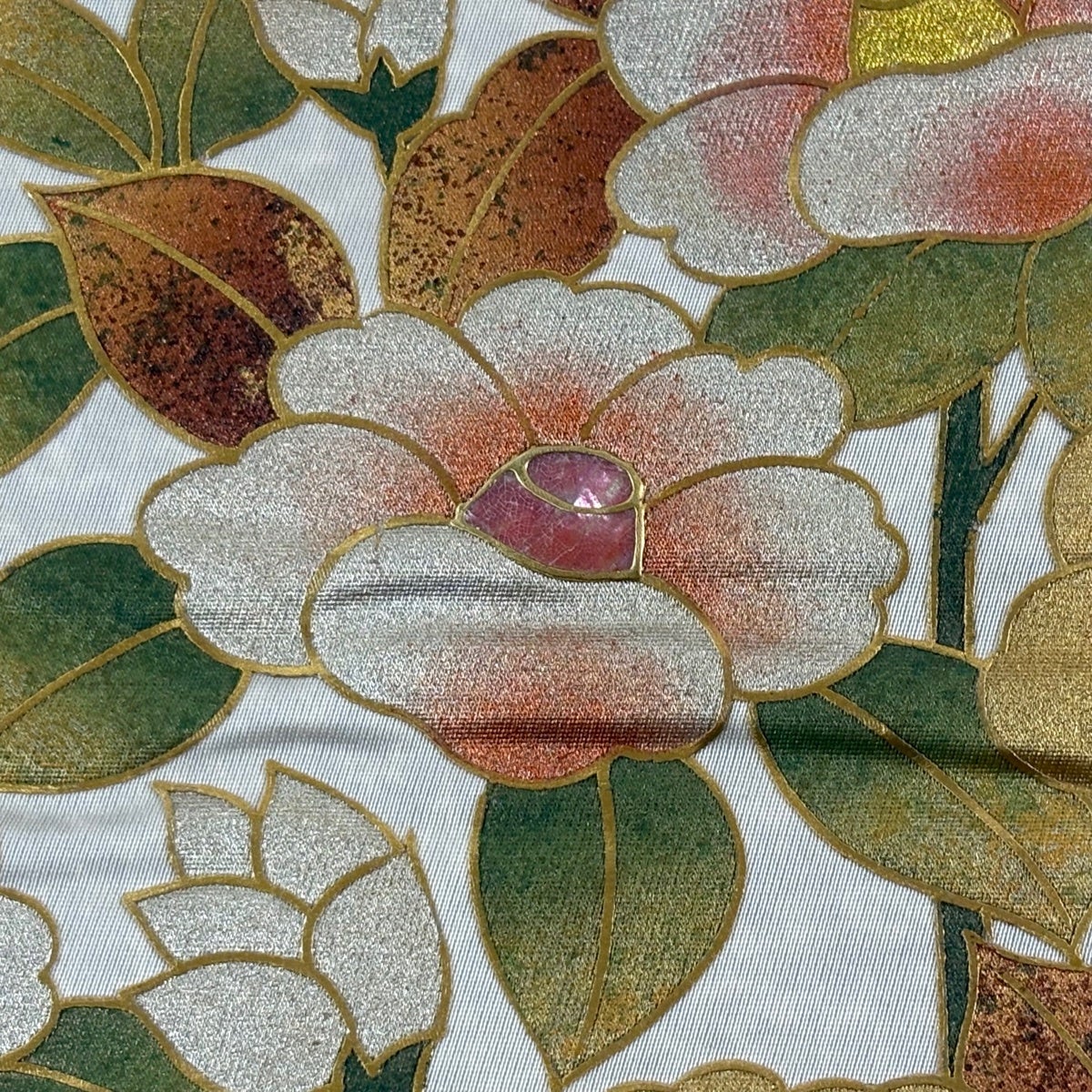 袋帯 秀品 椿 金銀彩 灰色 お太鼓柄 正絹｜中古・古着・リサイクル着物