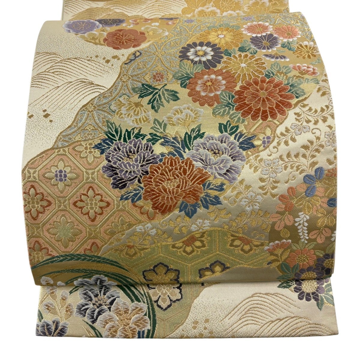美品】 袋帯 秀品 花丸文 有職文様 唐織 金糸 金色 お太鼓柄 正絹