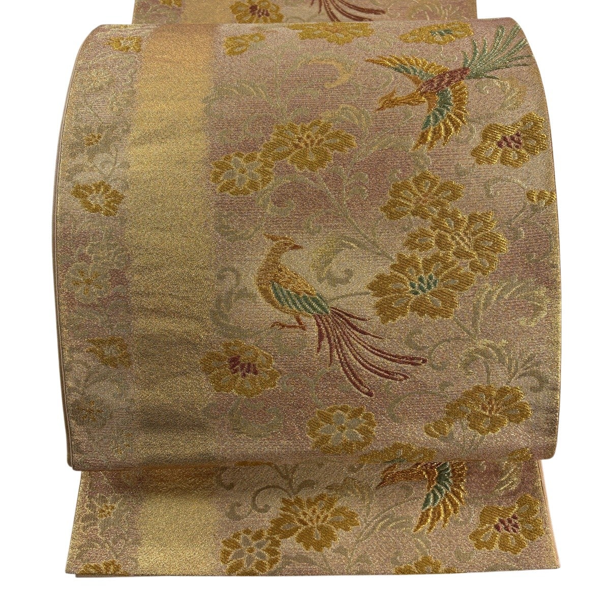 美品】 袋帯 秀品 草花 鳥 金糸 箔 金色 六通 正絹｜中古・古着