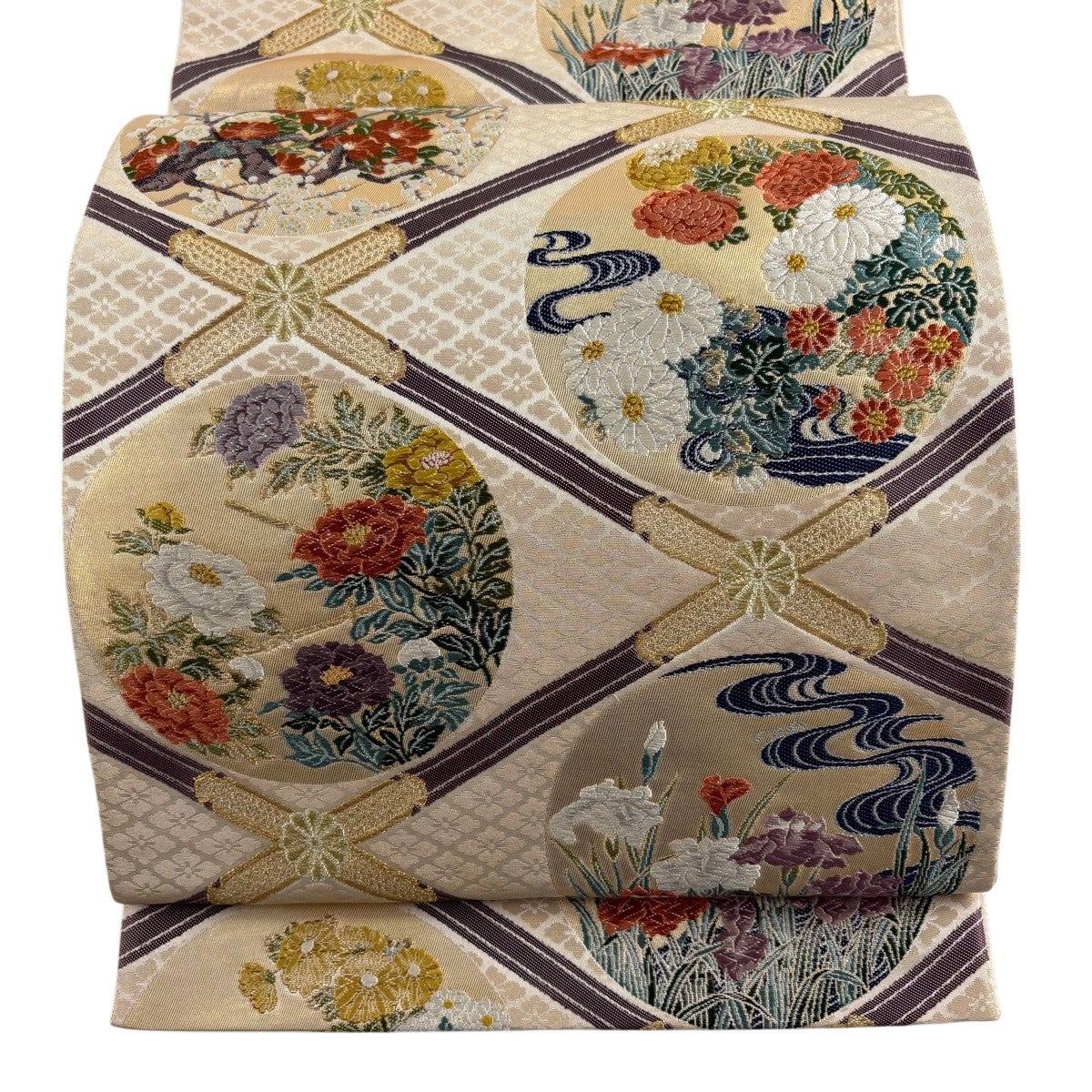 美品】 袋帯 秀品 草花 丸文 金糸 箔 金色 六通 正絹｜中古・古着