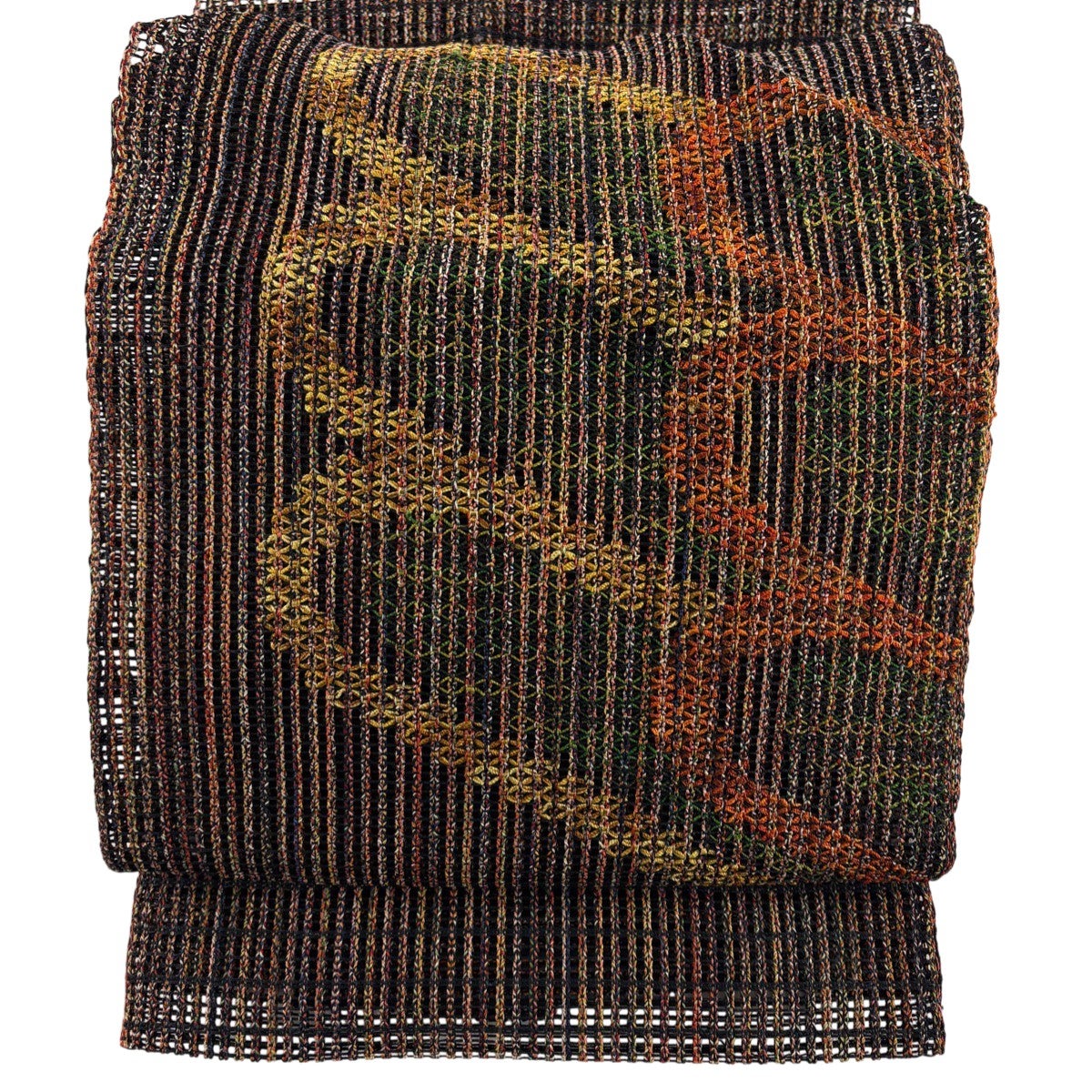 美品】 名古屋帯 秀品 八寸名古屋帯 トンネル仕立て 幾何学模様 茶紫