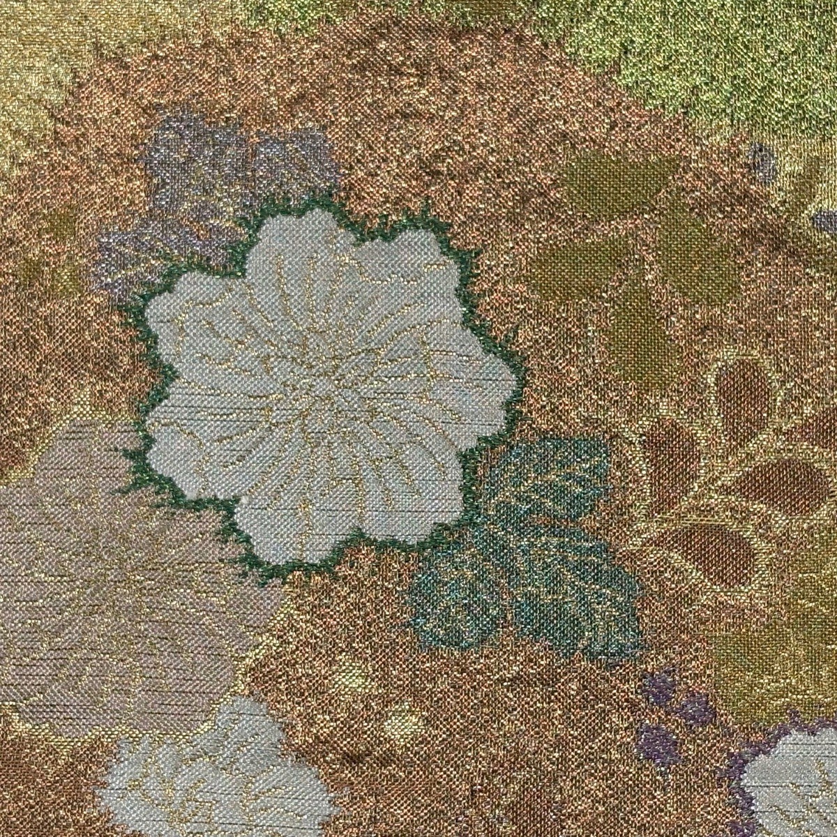 袋帯 秀品 草花 芝 金糸 箔 金色 お太鼓柄 正絹｜中古・古着