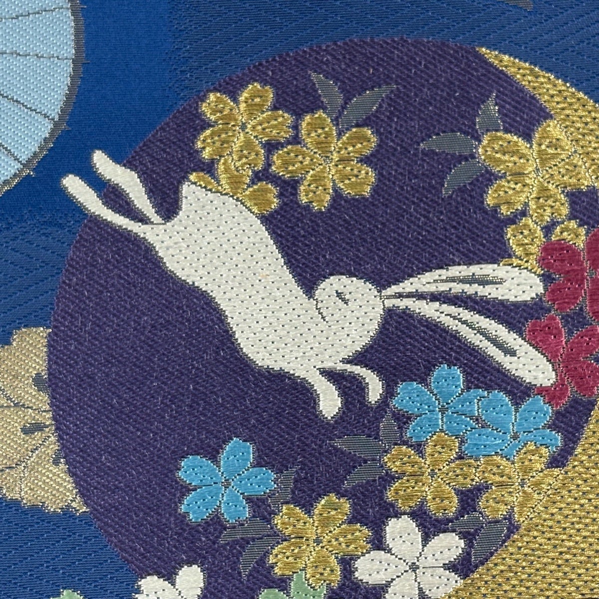 美品】 袋帯 秀品 うさぎ 桜 金銀糸 箔 青 六通 正絹｜中古・古着