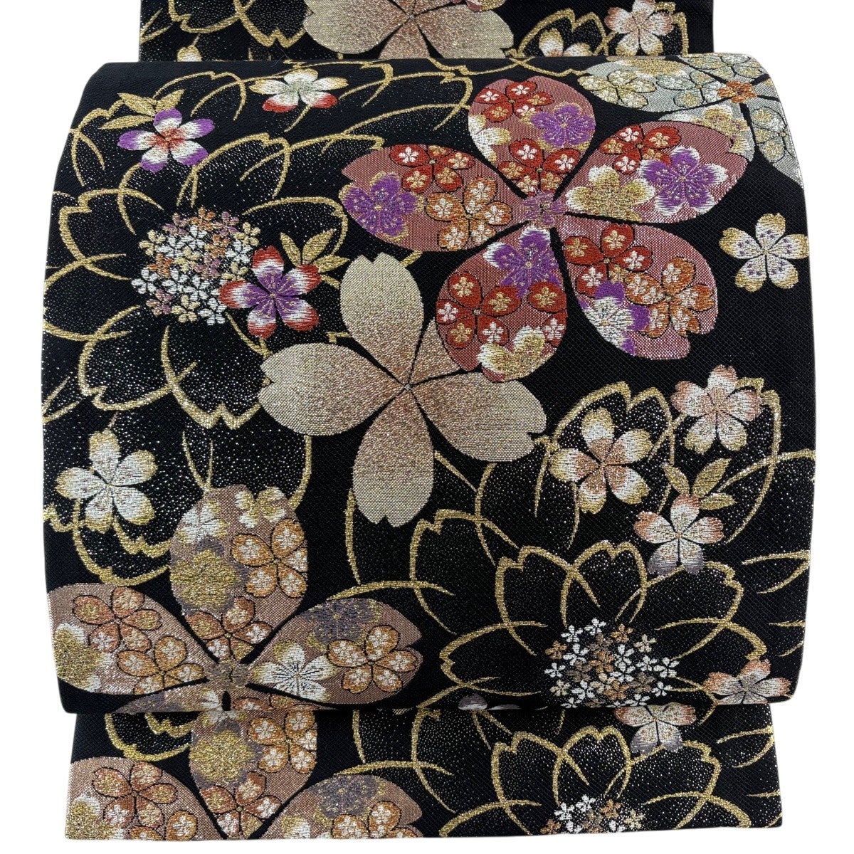 美品】 袋帯 秀品 桜 金糸 箔 黒 六通 正絹｜中古・古着・リサイクル