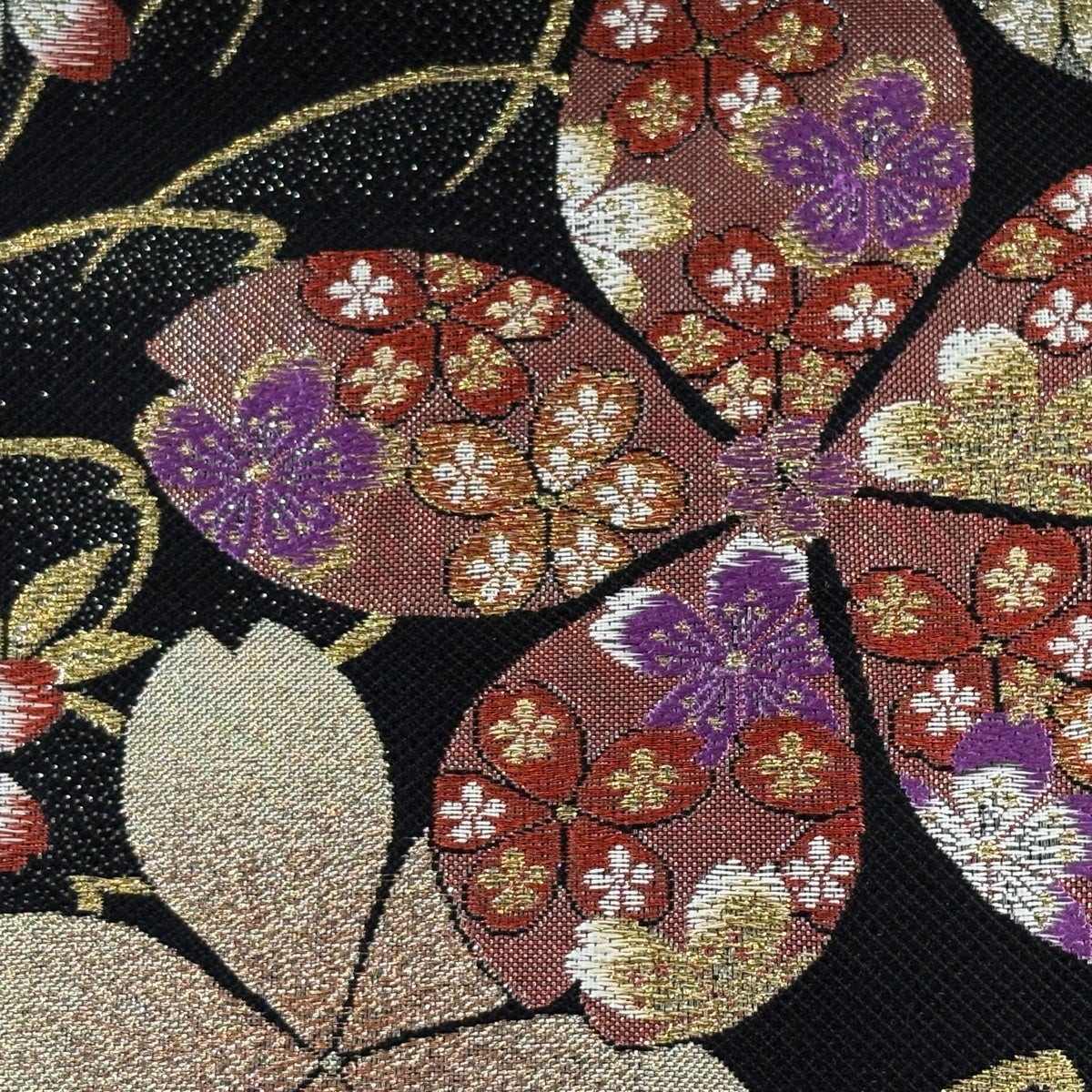 美品】 袋帯 秀品 桜 金糸 箔 黒 六通 正絹｜中古・古着・リサイクル