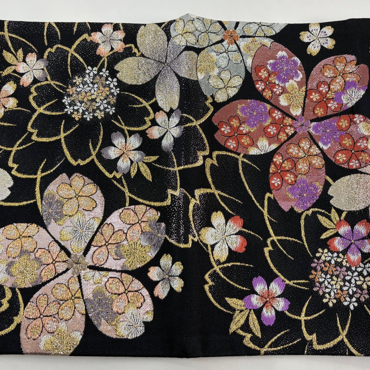 D◆着物くつろぎ 雪輪に桜模様 金糸 黒 紫 六通 正絹 フォーマルな袋帯 美品】 袋帯 秀品 桜 金糸 箔 黒 六通 正絹｜中古・古着・リサイクル