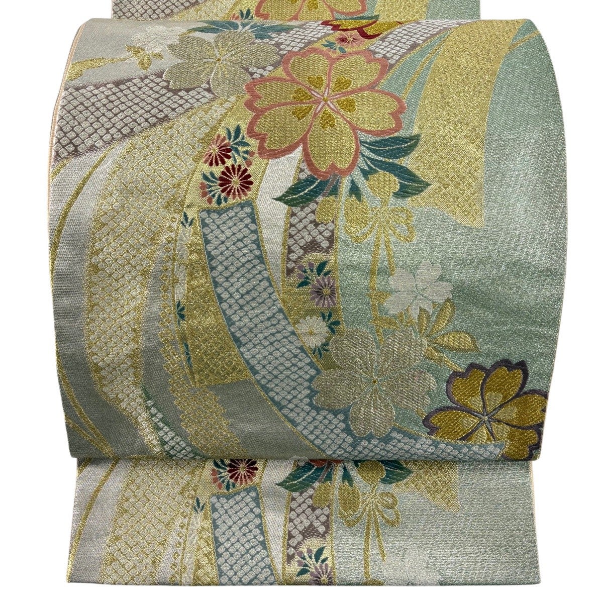 美品】 袋帯 秀品 桜 熨斗 箔 唐織 薄緑 六通 正絹｜中古・古着