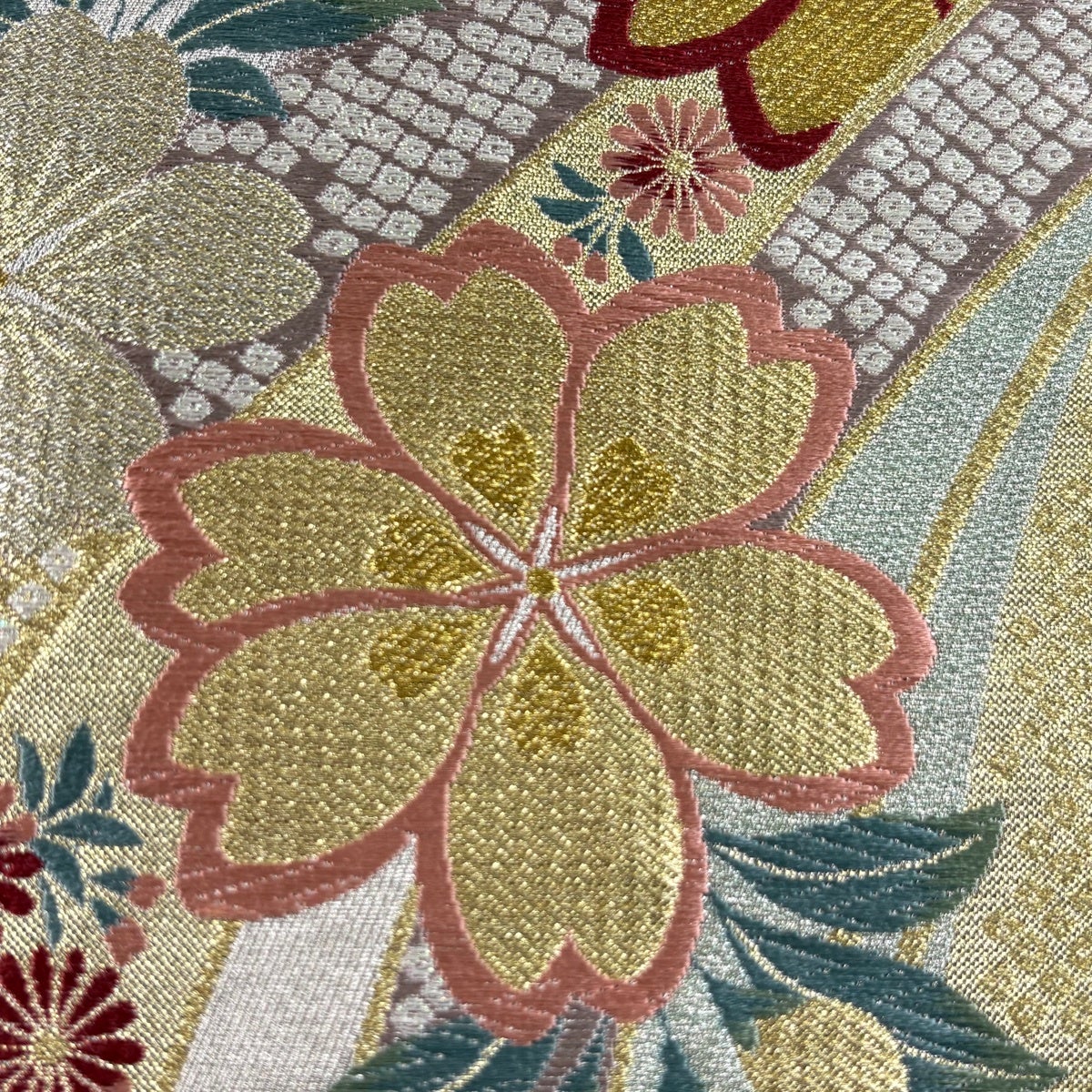 美品】 袋帯 秀品 桜 熨斗 箔 唐織 薄緑 六通 正絹｜中古・古着