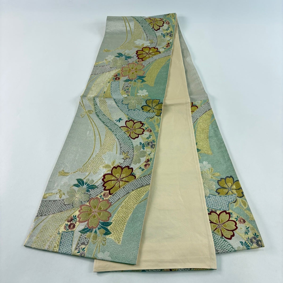 美品】 袋帯 秀品 桜 熨斗 箔 唐織 薄緑 六通 正絹｜中古・古着