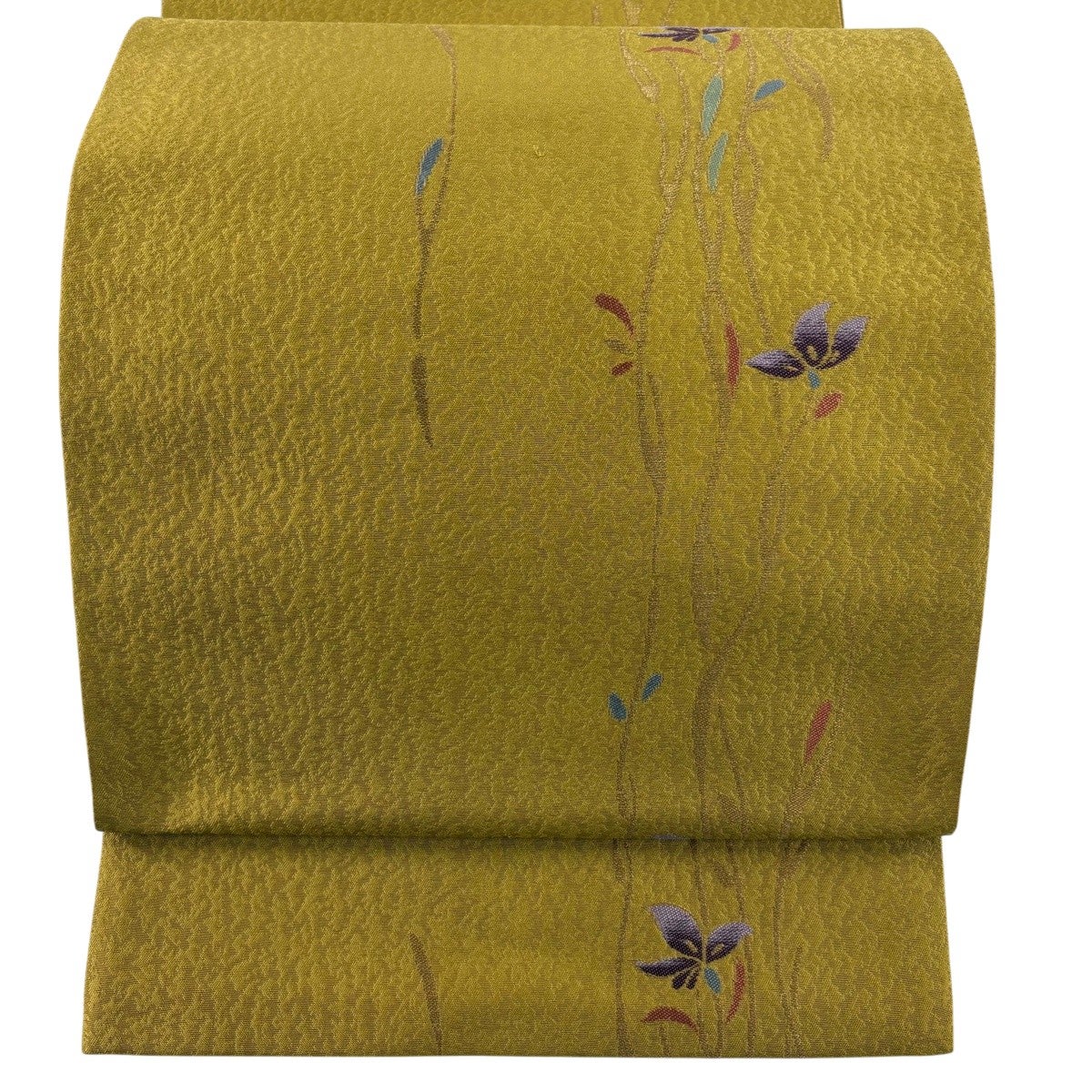 美品】 袋帯 秀品 草花 幾何学模様 箔 からし色 六通 正絹｜中古・古着