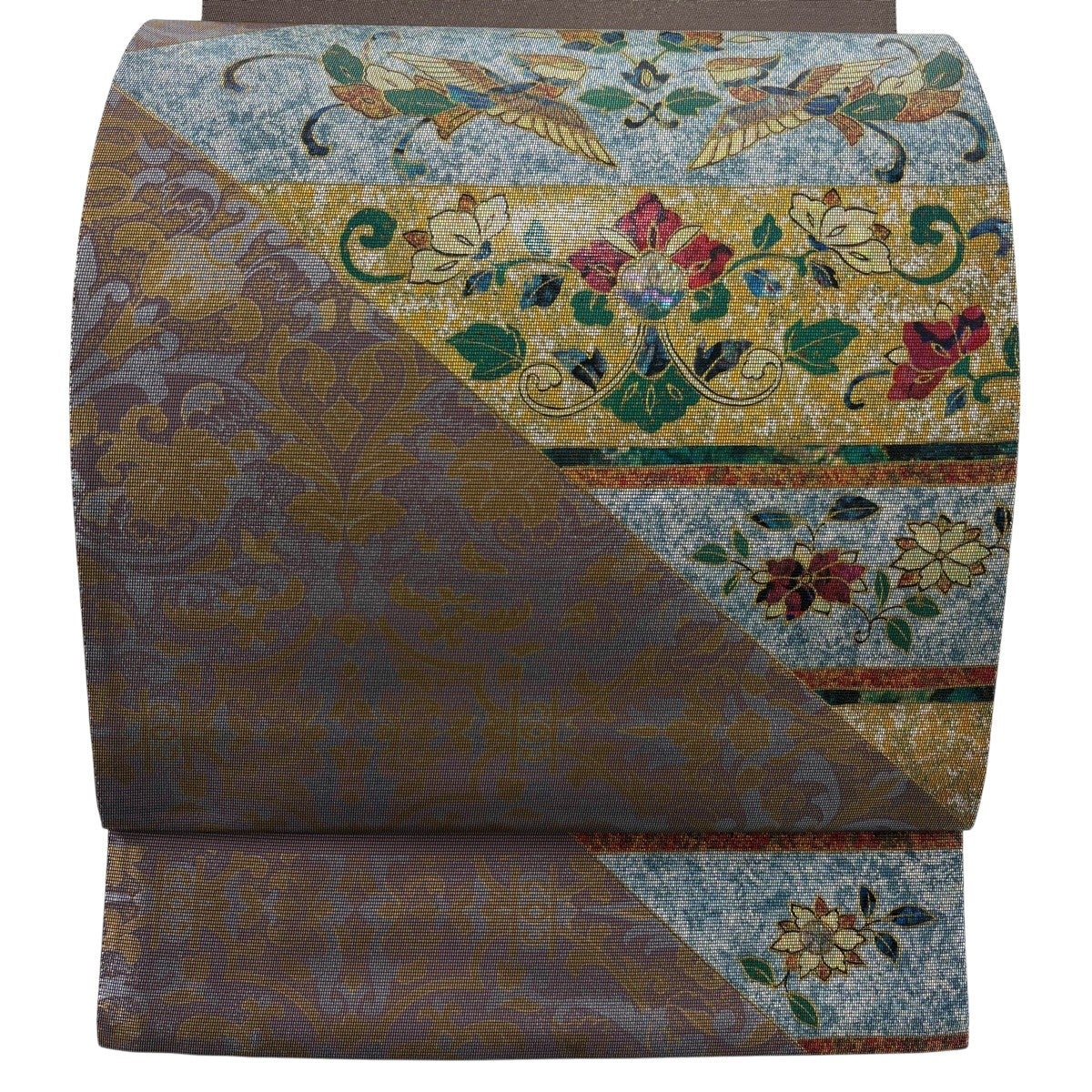 美品】 袋帯 秀品 鏡裏文 螺鈿箔 箔 金茶 お太鼓柄 正絹｜中古・古着