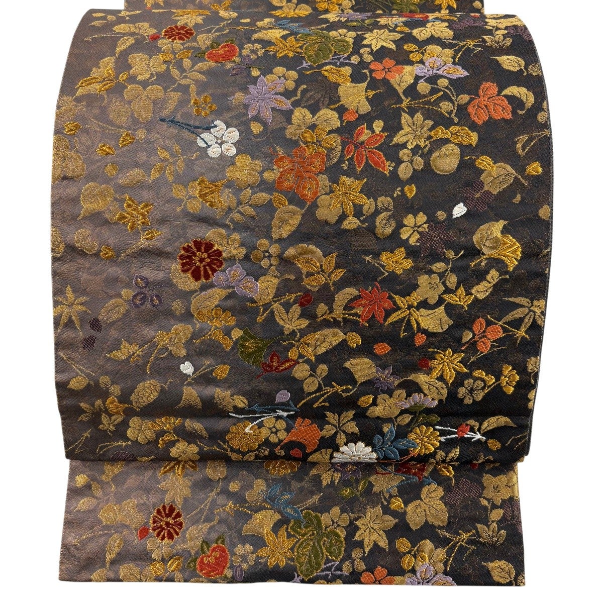 袋帯 秀品 吹き寄せ 菊 金糸 箔 焦茶色 六通 正絹｜中古・古着