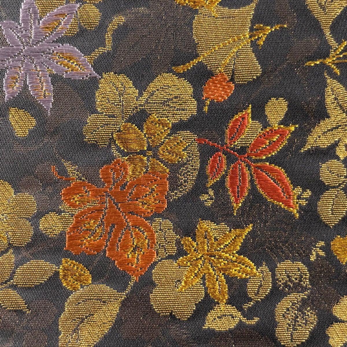 袋帯 秀品 吹き寄せ 菊 金糸 箔 焦茶色 六通 正絹｜中古・古着