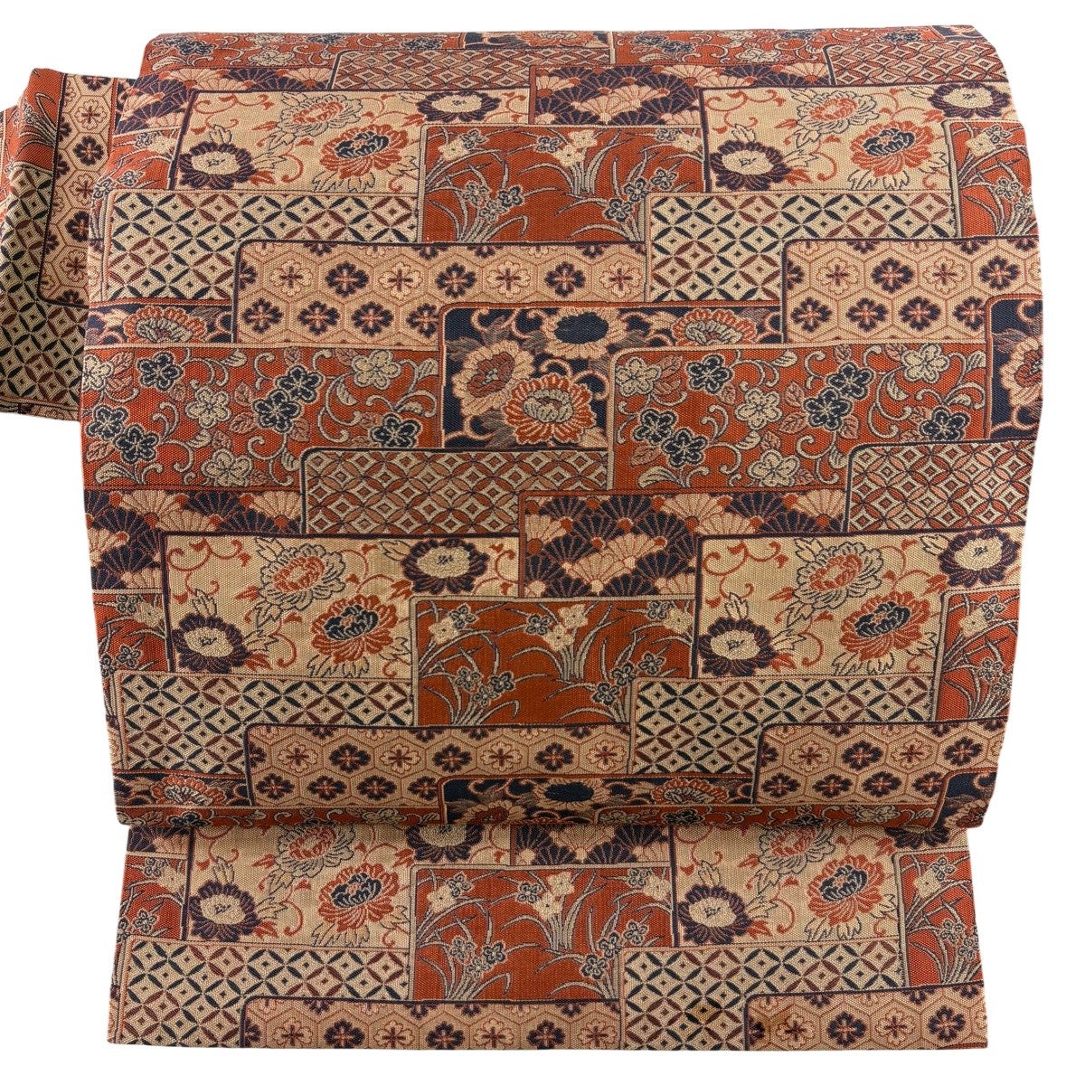 最終価格】 77%OFF 名古屋帯 秀品 草花 七宝 オレンジ 正絹 K70｜中古