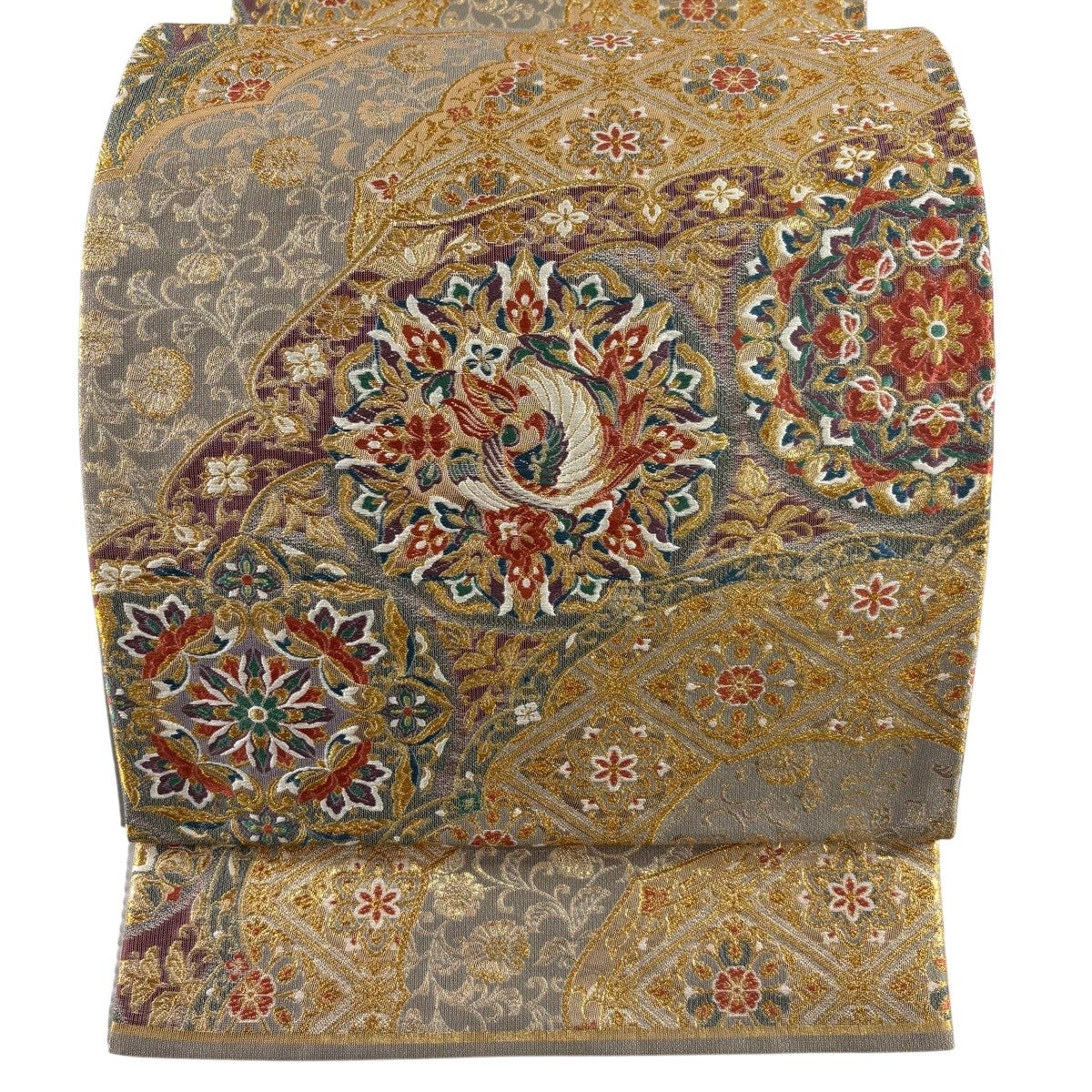 FF-224 袋帯 金箔 鳳凰 華紋 正絹 フォーマル 高級 逸品 美品 美品】 袋帯 秀品 鳳凰 華文 本金箔 金糸 灰色 六通 正絹｜中古・古着