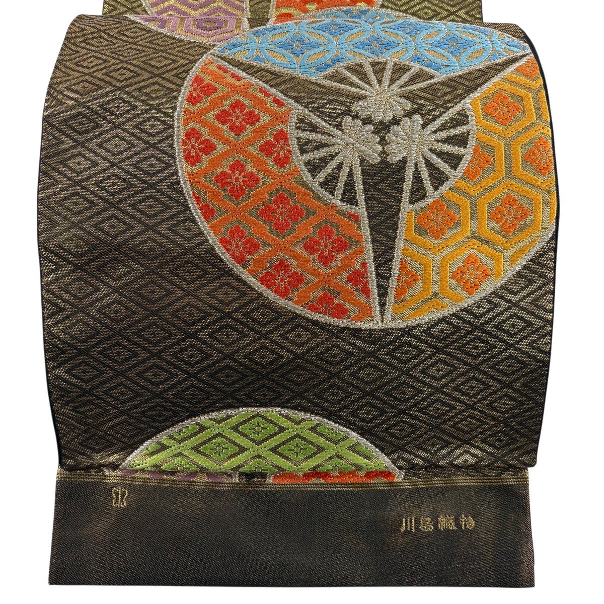 美品】 袋帯 秀品 川島織物 落款あり 三つ扇 有職文様 銀糸 箔 金色 六