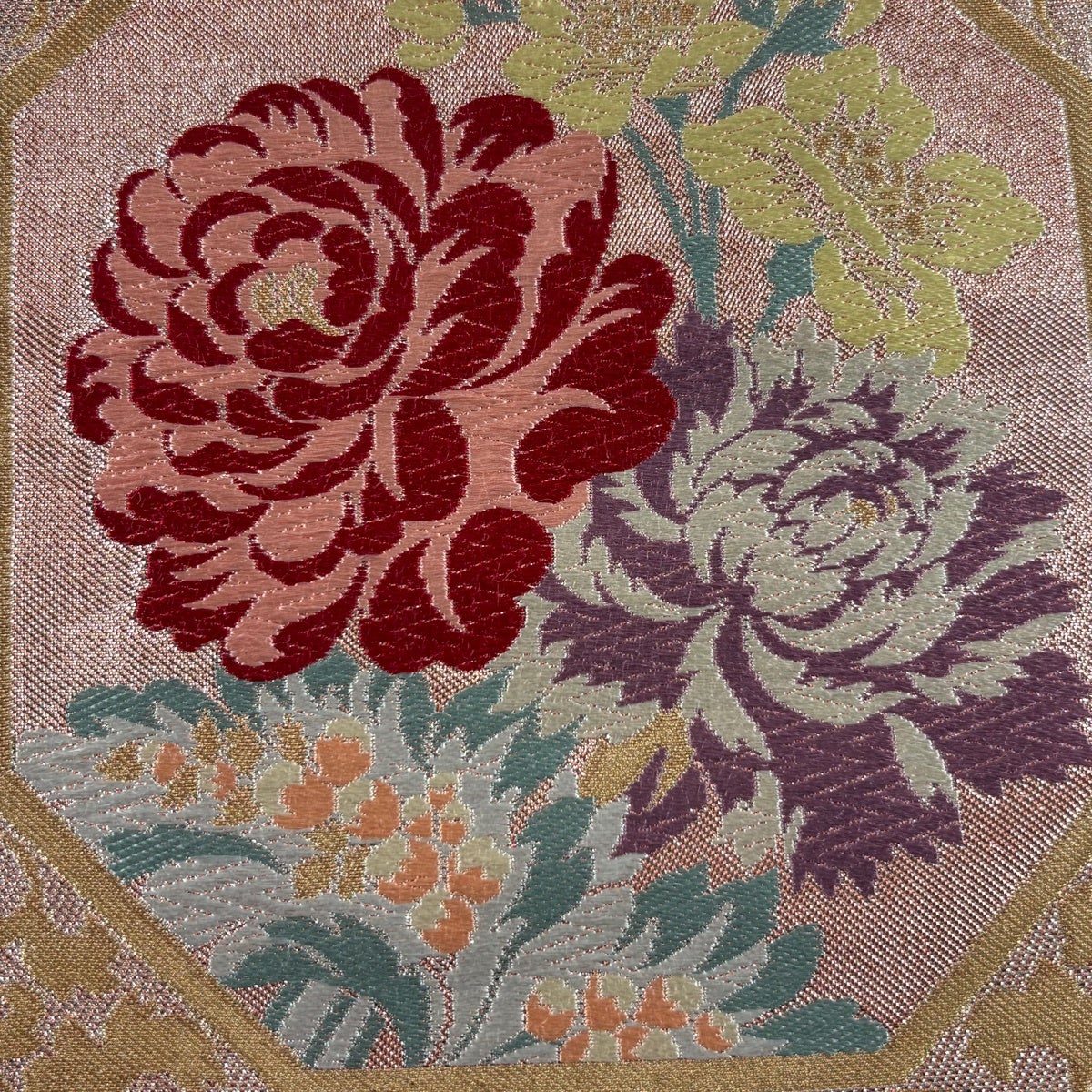 美品】 袋帯 秀品 川島織物 落款あり 草花 金銀糸 箔 サーモンピンク