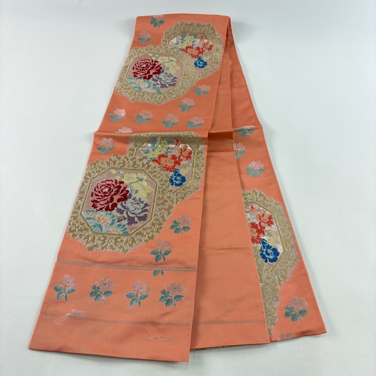 美品】 袋帯 秀品 川島織物 落款あり 草花 金銀糸 箔 サーモンピンク