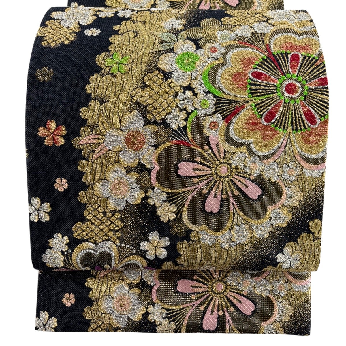 袋帯 秀品 桜 金糸 箔 黒 六通 正絹｜中古・古着・リサイクル着物通販