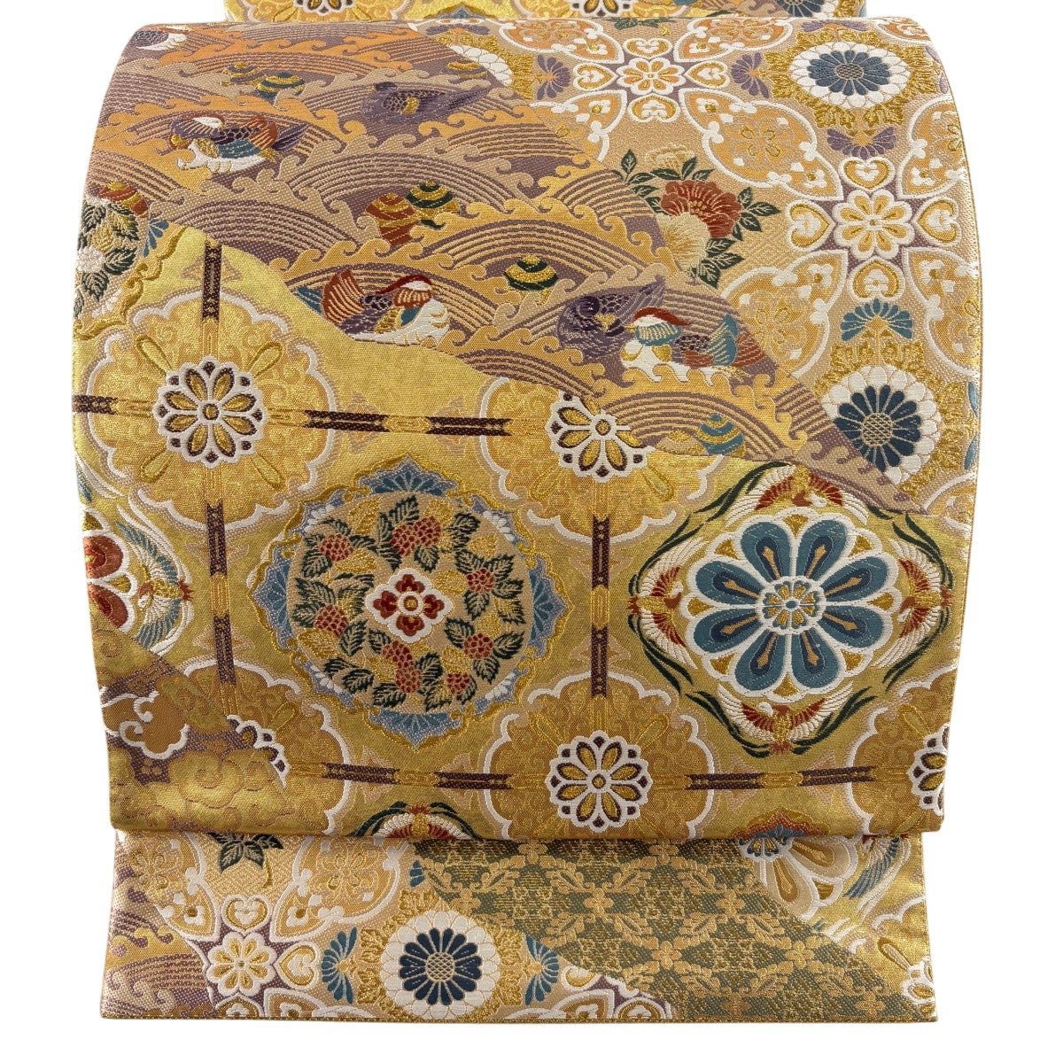 美品】 袋帯 秀品 関西仕立て 鴛鴦 華文 箔 金糸 金色 六通 正絹｜中古