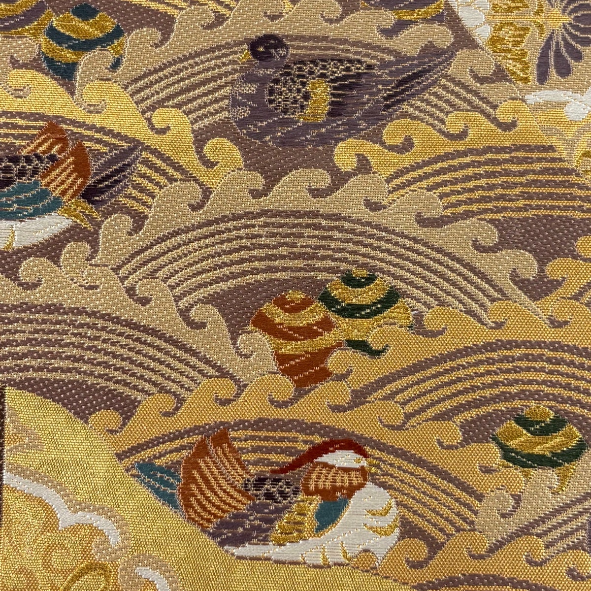 美品】 袋帯 秀品 関西仕立て 鴛鴦 華文 箔 金糸 金色 六通 正絹｜中古