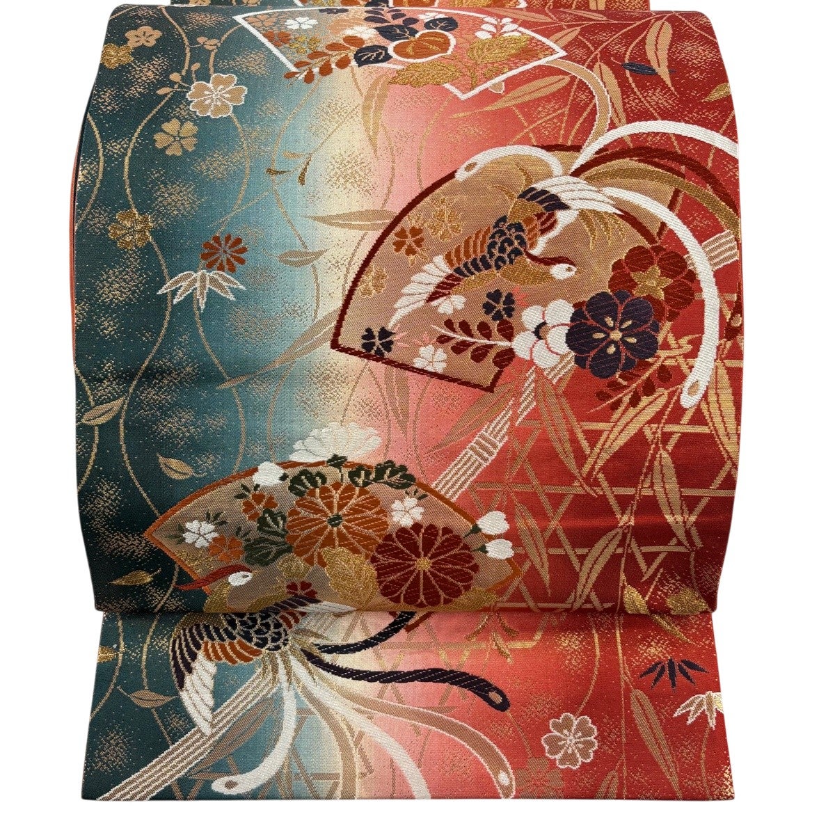 美品】 袋帯 名品 落款あり 鳥 草花 金糸 箔 灰白 六通 正絹｜中古