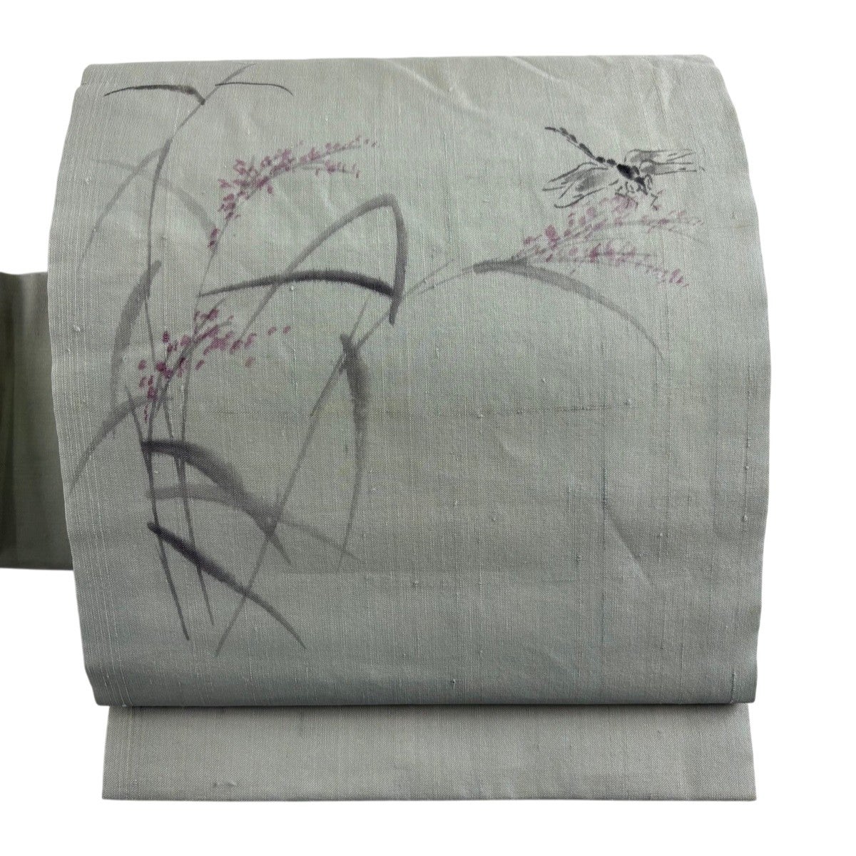 名古屋帯 秀品 落款あり 夏帯 夏紬 草花 トンボ 薄緑 正絹｜中古・古着