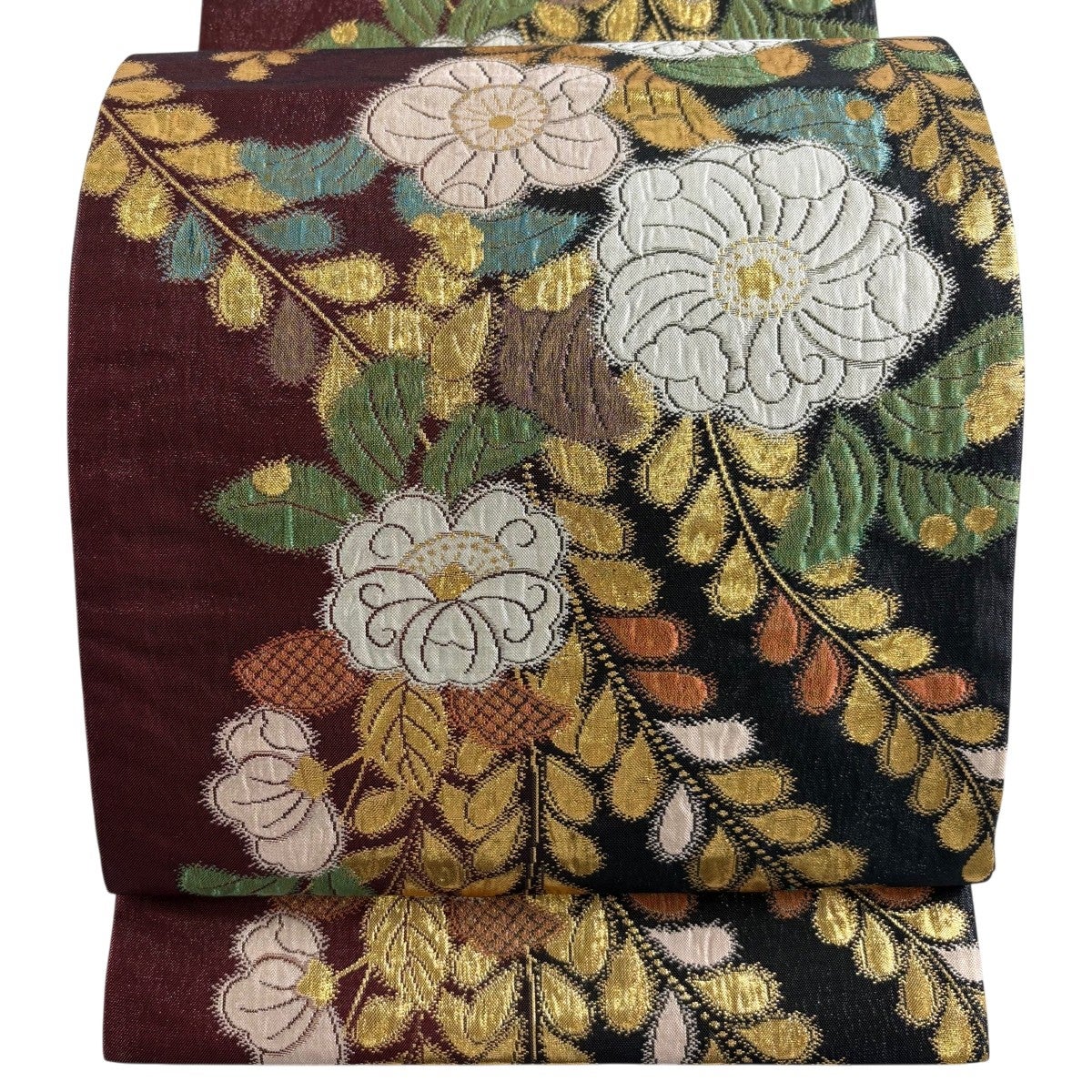 美品】 袋帯 秀品 振袖向き 草花 箔 赤紫 六通 正絹｜中古・