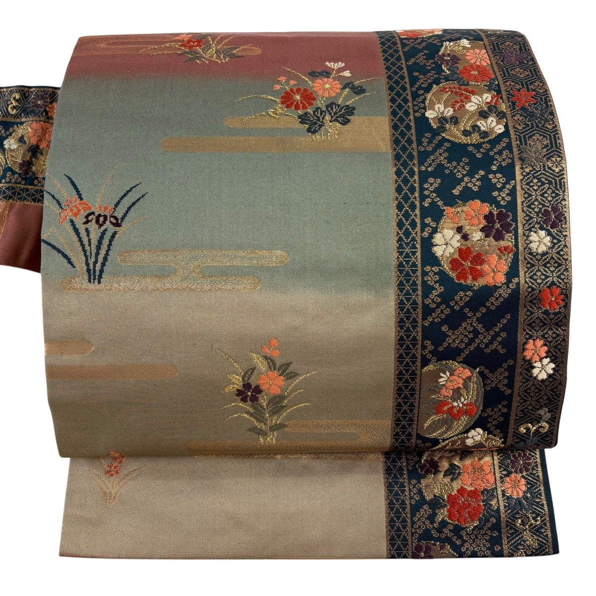 名古屋帯 優品 花丸文 ヱ霞 金糸 箔 灰緑 正絹｜中古・古着