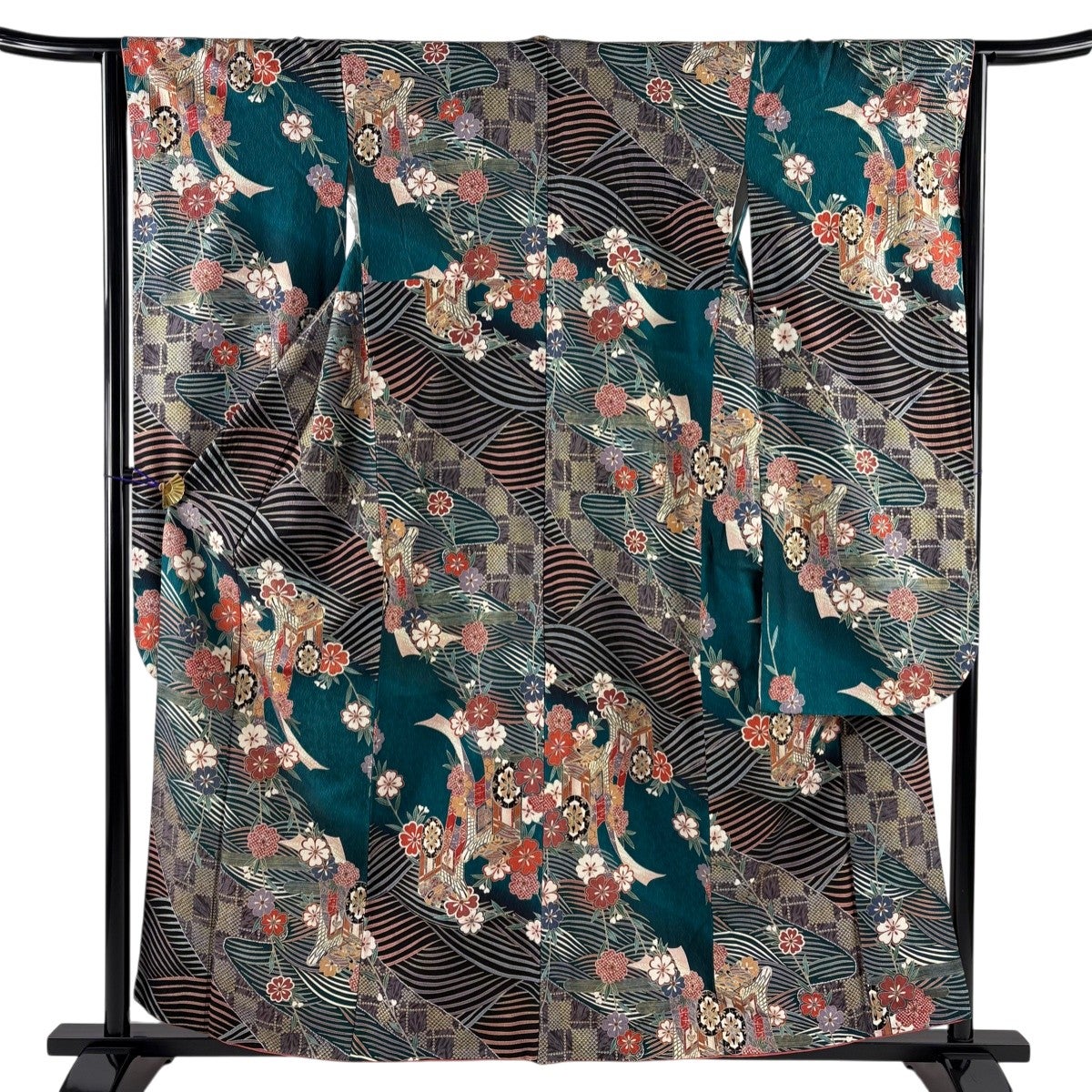 振袖 身丈161cm 裄丈65cm M 袷 桜 牡丹 箔 金彩 深緑 正絹 秀品｜中古