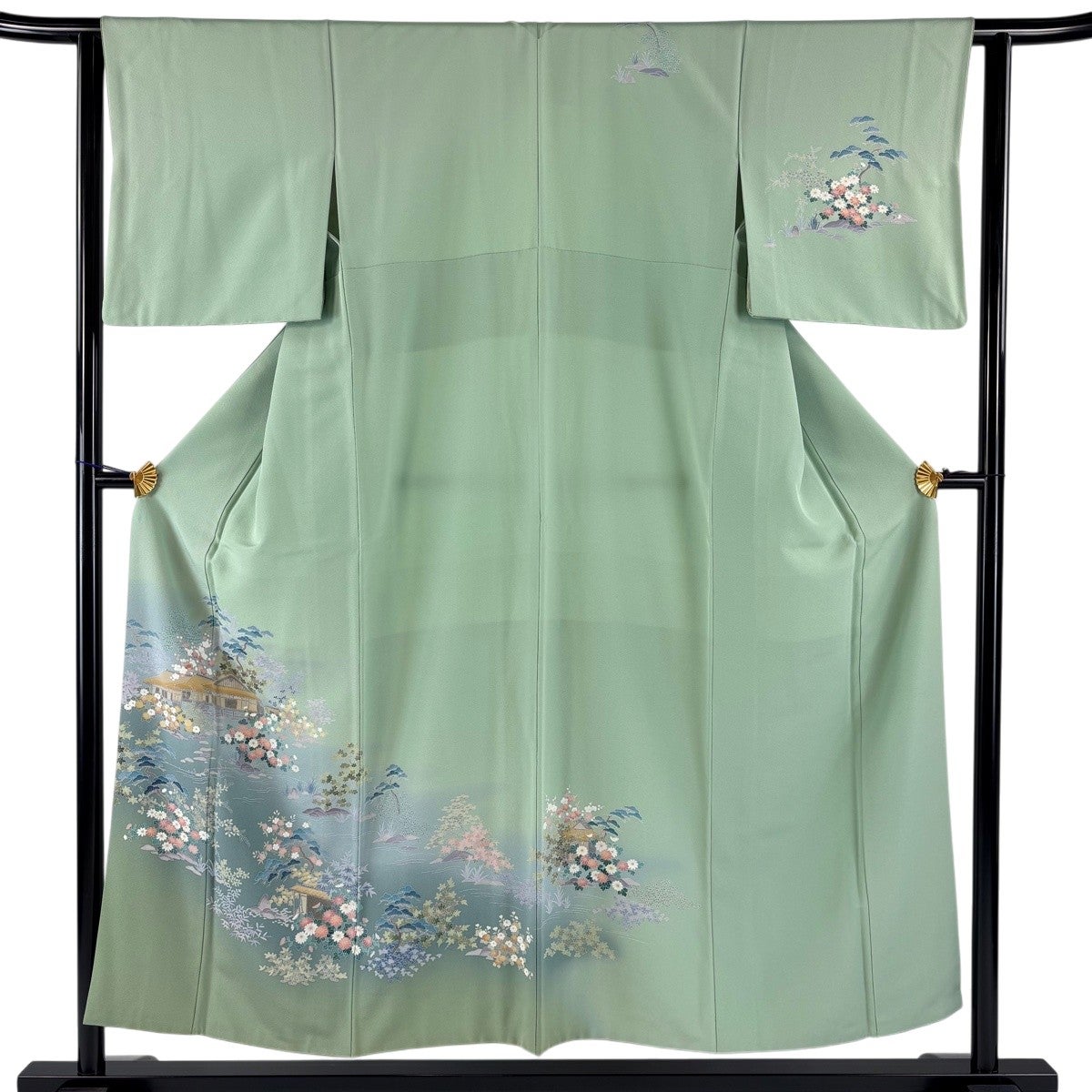 訪問着 身丈159cm 裄丈66.5cm M 袷 水辺の風景 舟 刺繍 ぼかし 抹茶色