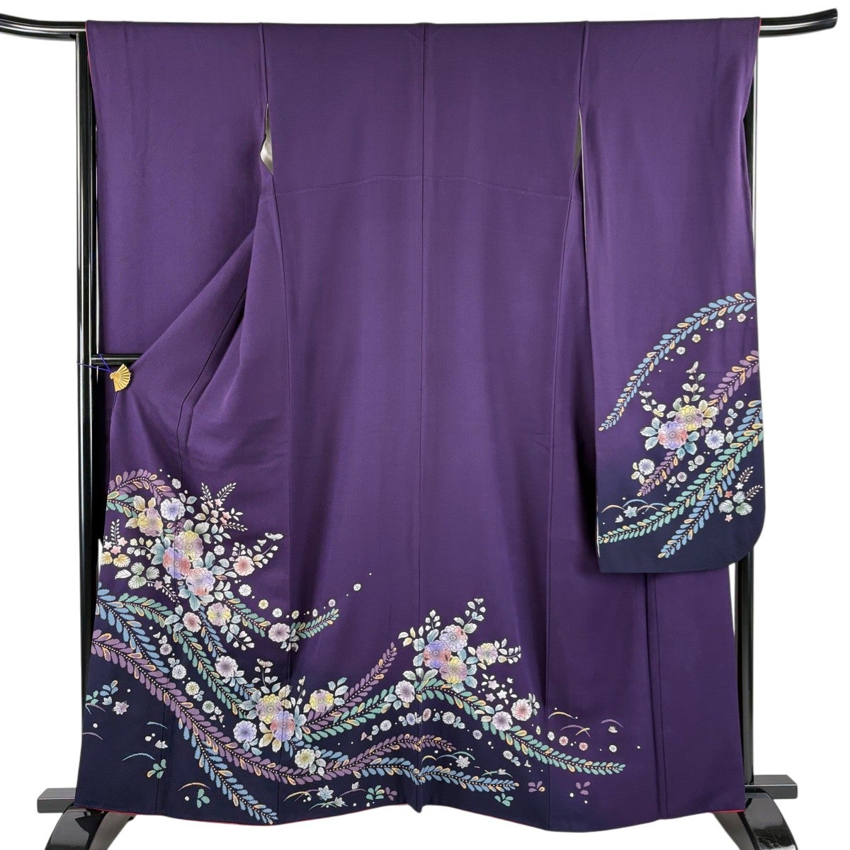 振袖　超美品　正絹　金糸刺繍　濃紫 美品】 振袖 身丈160cm 裄丈66cm M 袷 草花 ぼかし 濃紫 正絹 秀品