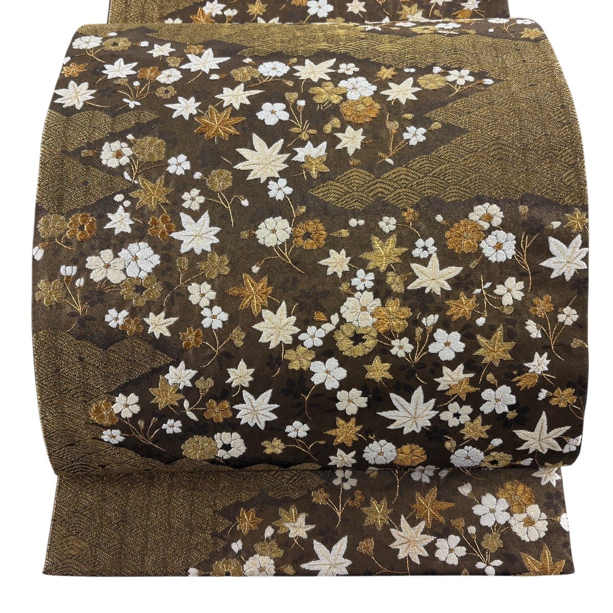 美品】 袋帯 逸品 草花 青海波 金糸 箔 金色 六通 正絹｜中古・古着