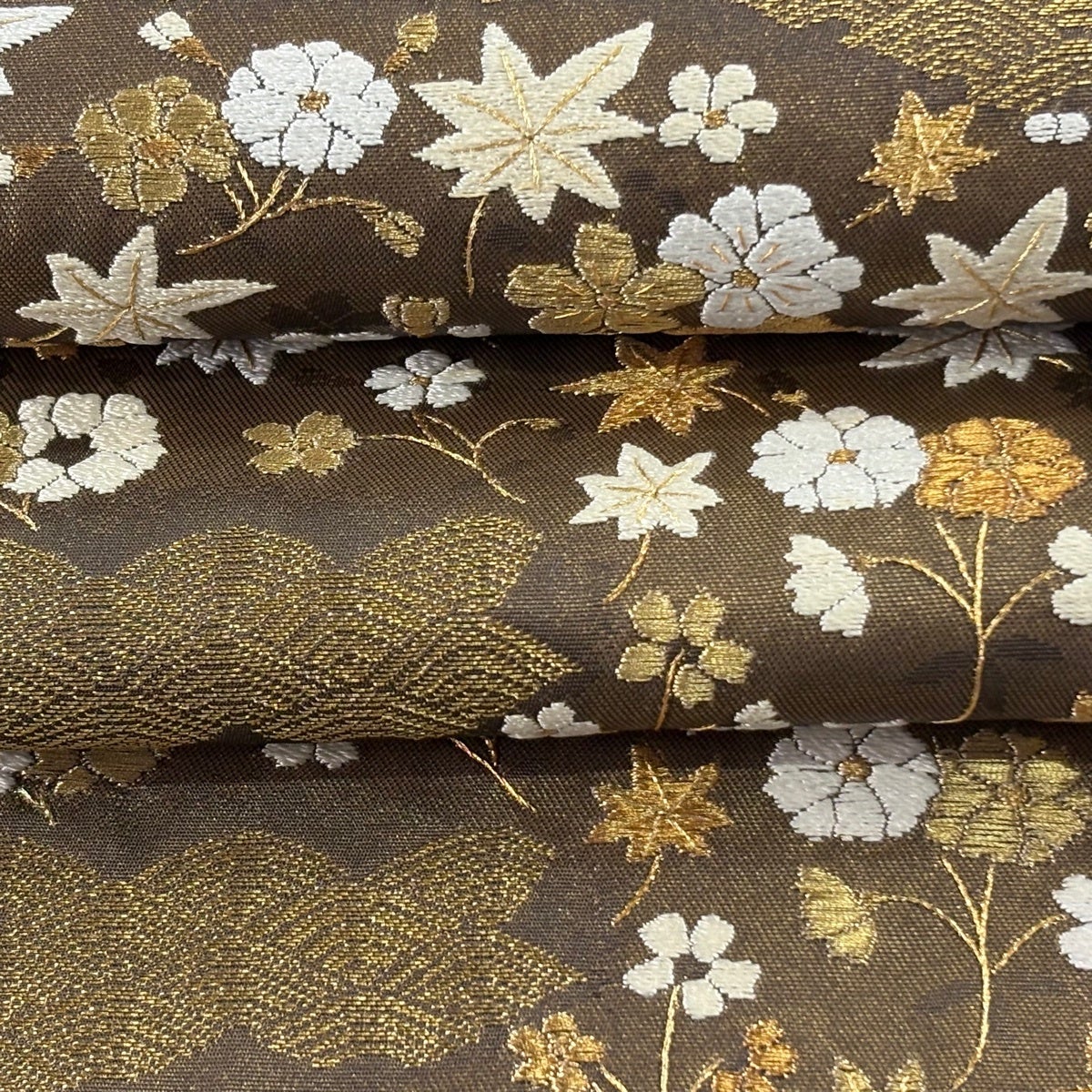 美品】 袋帯 逸品 草花 青海波 金糸 箔 金色 六通 正絹｜中古・古着