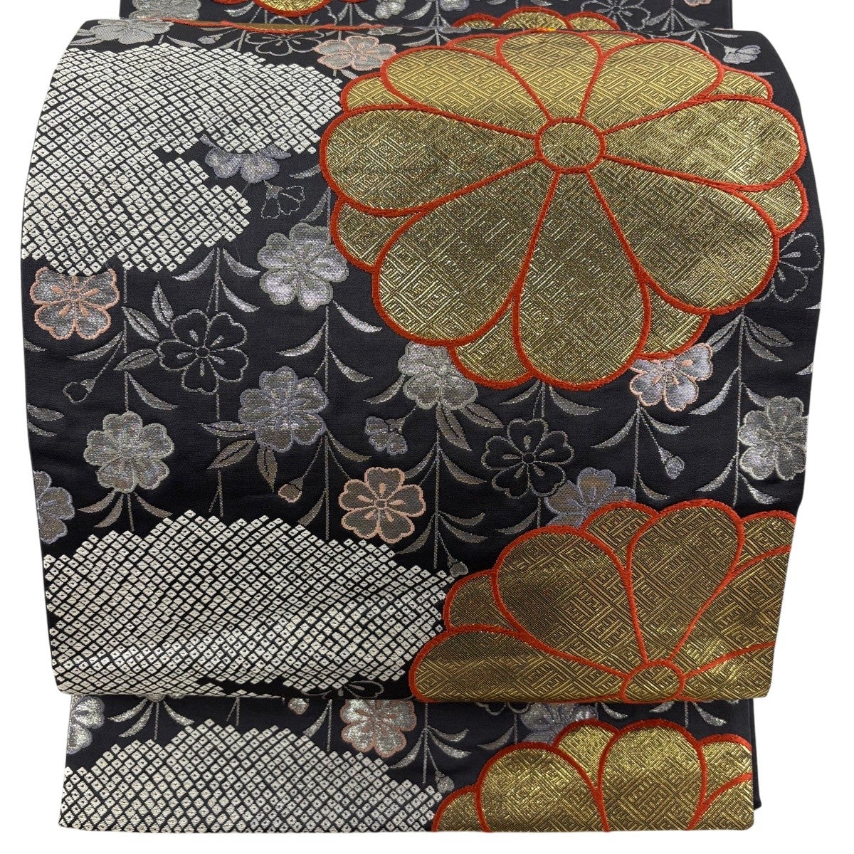 美品】 袋帯 秀品 菊 萩 金銀糸 墨色 六通 正絹｜中古・古着 