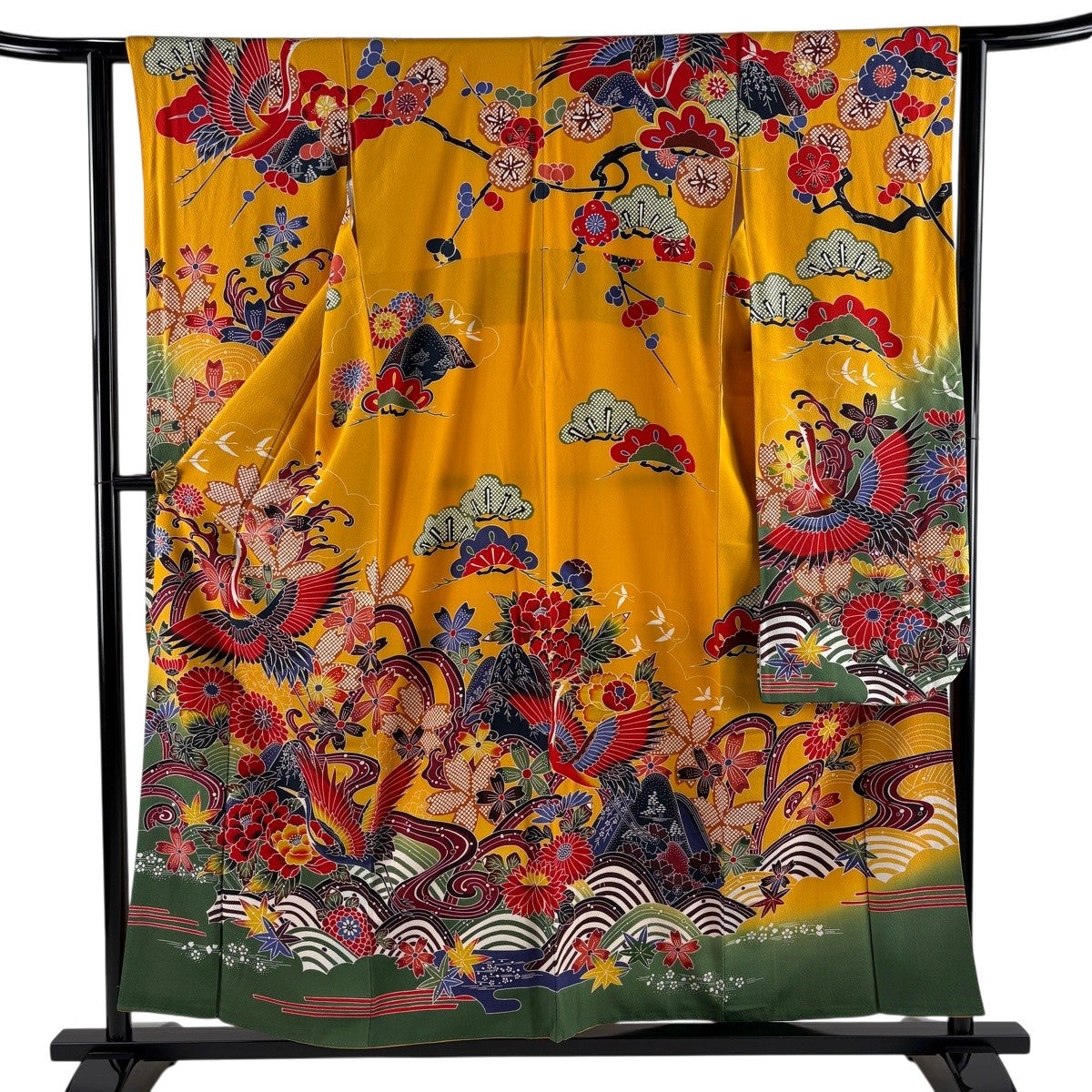 本日限定お値下げ！振袖フルセット　山吹色　身丈162.5cm　裄丈67cm 美品】 振袖 身丈161.5cm 裄丈67cm L 袷 牡丹 草花 箔 山吹色 正絹 秀