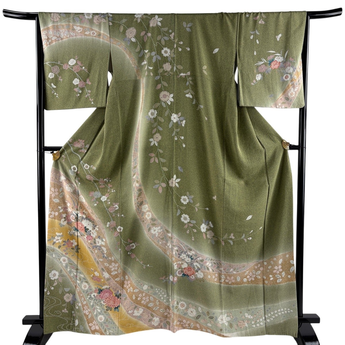 訪問着 身丈165cm 裄丈66.5cm M 袷 菊 桜 金彩 ぼかし 灰緑 正絹 名品