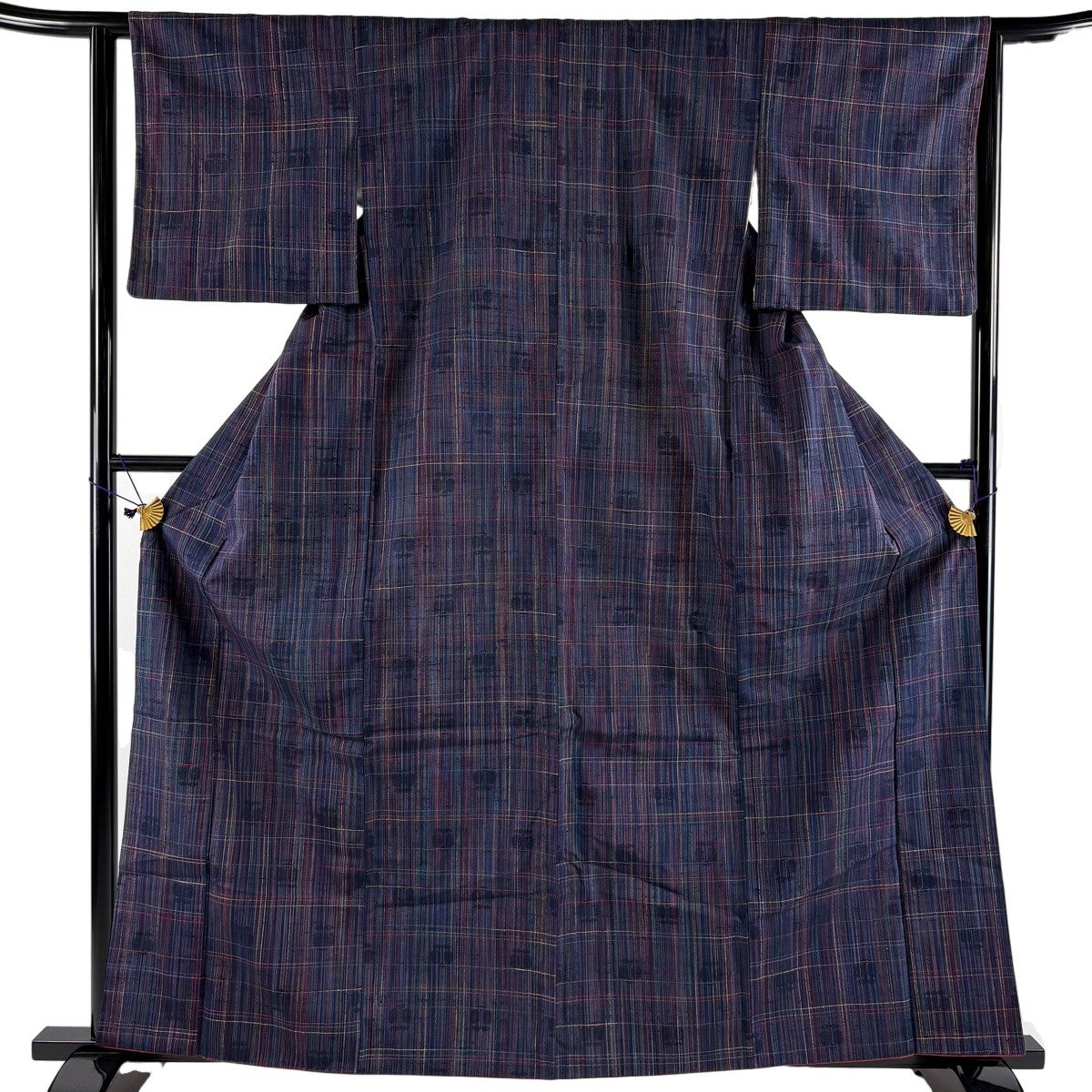 紬 身丈163cm 裄丈62.5cm S 袷 格子 紺色 正絹 秀品｜中古・古着