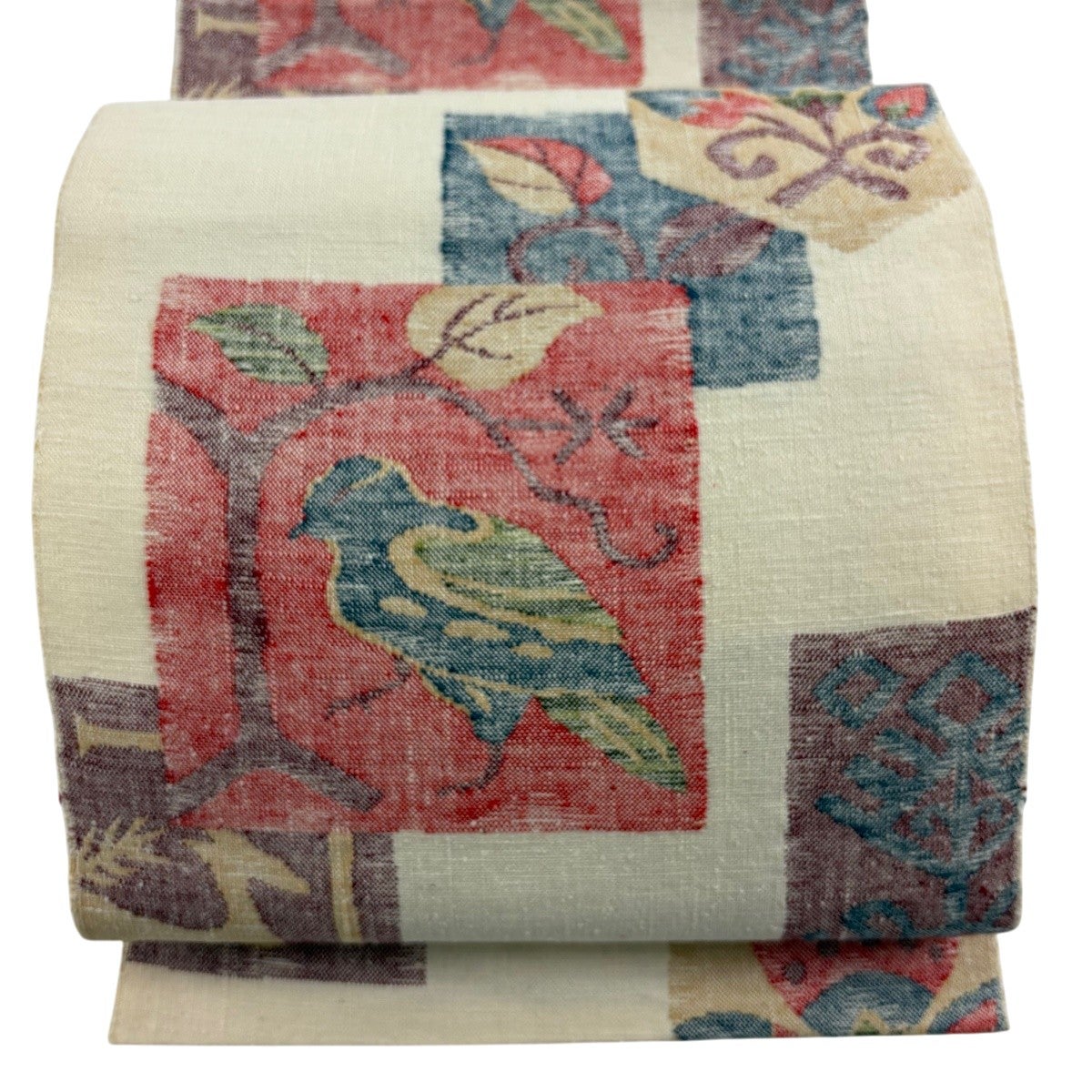 名古屋帯 優品 八寸名古屋帯 松葉仕立て 草花 鳥 クリーム 正絹｜中古